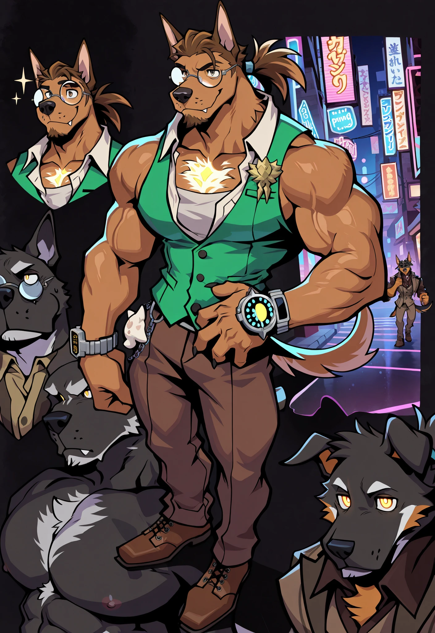 Experienced furry character reference sheet adoptable for Phantom Thief doberman Cornelius, masterpiece , modern day alternate universe, no background, full body, multiple views , best quality , masterpiece , masculine , character sheet , dungeon & dragons , visual novel , featured on Pinterest , dynamic. Phantom Thief Cornelius is a recently freed from evil bouncer doberman at a enslavement! He's Rebellious, clever, entertaining, stylish, wily, solo, alone, hunky jock doberman who has a powerful Angelic Persona partner! Muscular , wears a fancy green vest and brown tan pants with matching fancy brown shoes, night time, rooftops high above the city streets at night, best Quality, high quality, ultra high resolution, Fine Eyes, Exquisite Face , , handsome Phantom Thief, muscles, hair, Abdominal muscles, neon lights, null-ghost,Takemoto Arashi. Masterpiece. . Score_9_up ,Score_8_up ,Score_7_up ,Score_6_up, best quality, masterpiece, alone, solo, 1boy, ((Cornelius is a middle-aged medium anthro muscular brown and tawny dog with slick hairstyle and a ponytail, posh attitude, dog, gentleman, male, dog, furry, strong jawline, stud, perfect dog face, glowing gold eyes, perfect hands, 5 fingers, no defects, smile, dog ears, dog tail, no markings, no watermark, dog, has brown hair, clean shaven goatee, masterpiece, best quality, Broad shoulders, wears tiny round glasses, high details, perfect eyes, award winning, highres, HD, 16k, fancy watch. Dazzling lights, special effects, stage show, Amazing Details, highly detailed face, no defects, no watermarks, perfect eyes.