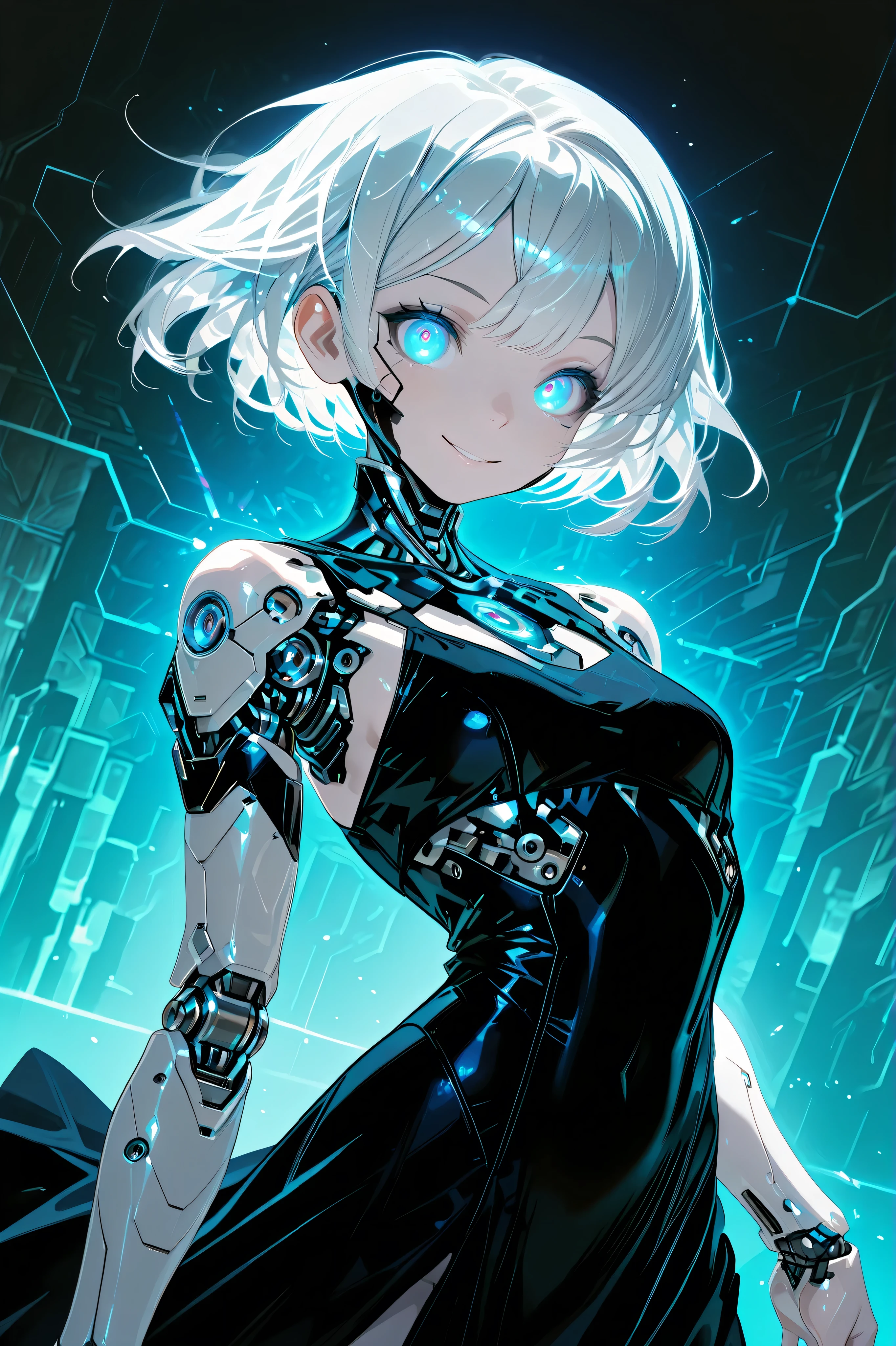 a cyborg girl looking at the observer and smiling, cybernetic android woman, cheerful expression, Perfect face, bright eyes, charming smile, silky short hair, soft skin, athletic figure, robotic prosthesis, futuristic dress backgrounds, Abstract digital background, bright light effects, conceptart cyberpunk style, high quality digital illustration, 4k,ultra detailed, physical rendering, vibrant colors