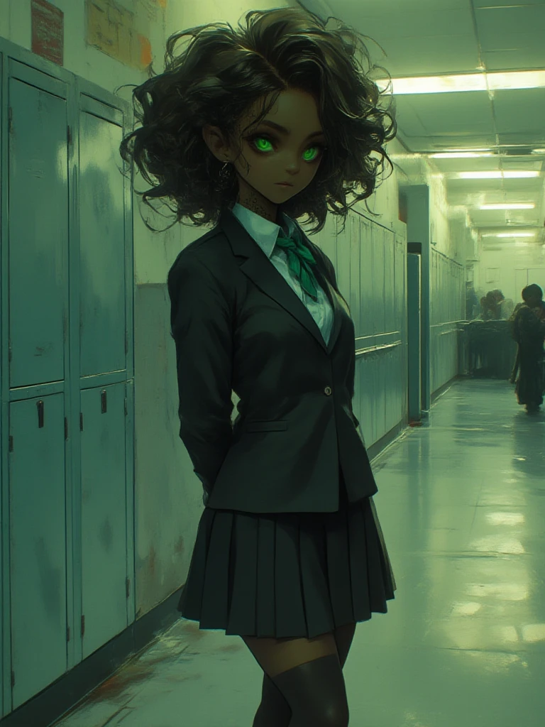 (Masterpiece) (High Detail) (High Res) (Black Skin) Looking from below A young teenage black humanoid girl with dark skin and ebony flesh and green eyes and short black hair and goat ears and short dark goat horns and a toned teen body and average to small  dressed in a schoolgirl outfit wearing a pleated skirt and a school jacket at an academy in the halls