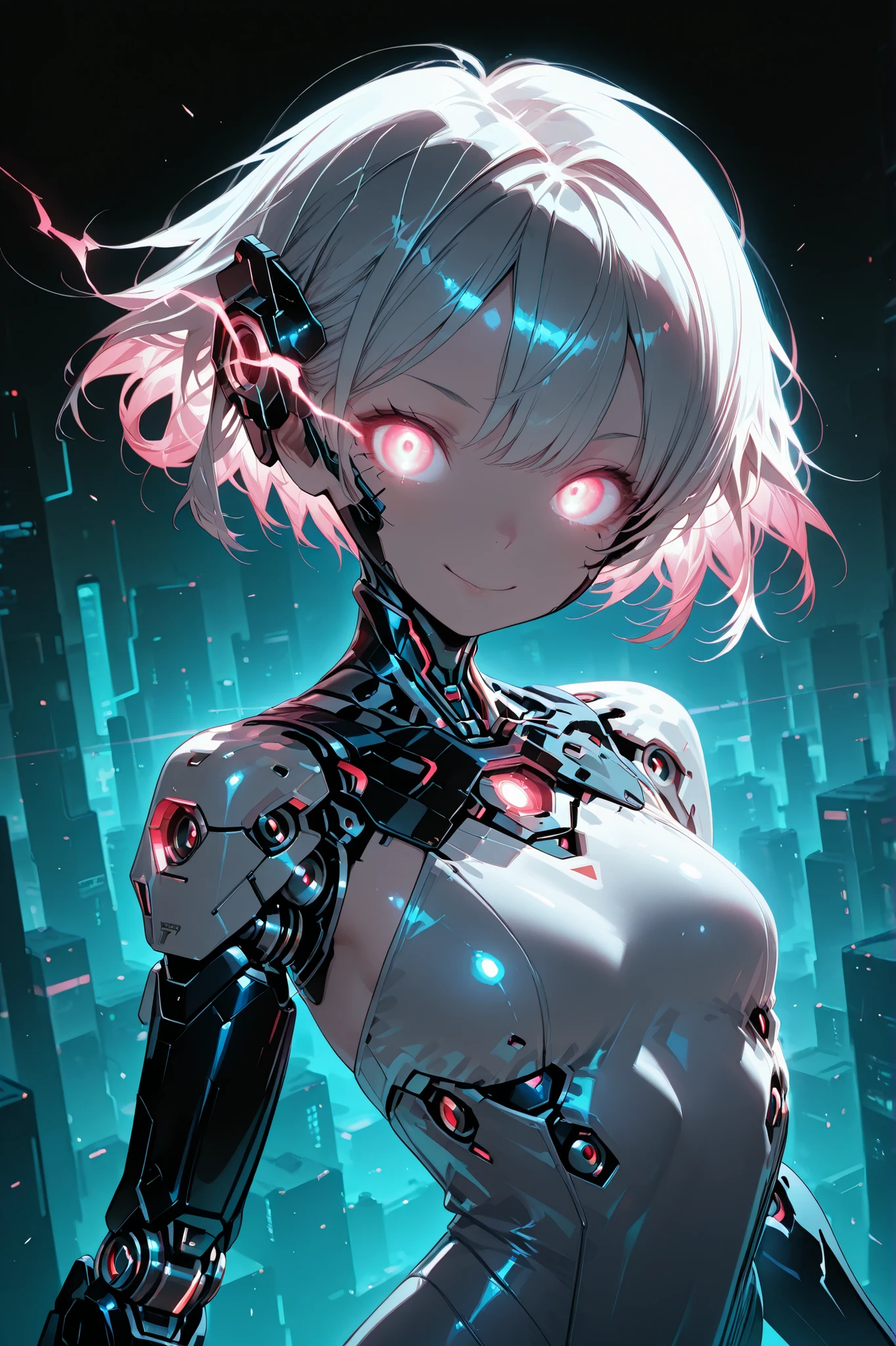 mechanical girl, cyberpunk,neonlight,shiny,mecha musume,top,score_9, score_8_up, score_7_up,,gew,glowing eyes,,eye trail,,a cyborg girl looking at the observer and smiling, cybernetic android woman, cheerful expression, Perfect face, bright eyes, charming smile, silky short hair, soft skin, athletic figure, robotic prosthesis, futuristic dress backgrounds, Abstract digital background, bright light effects, conceptart cyberpunk style, high quality digital illustration, 4k,ultra detailed, physical rendering, vibrant colors