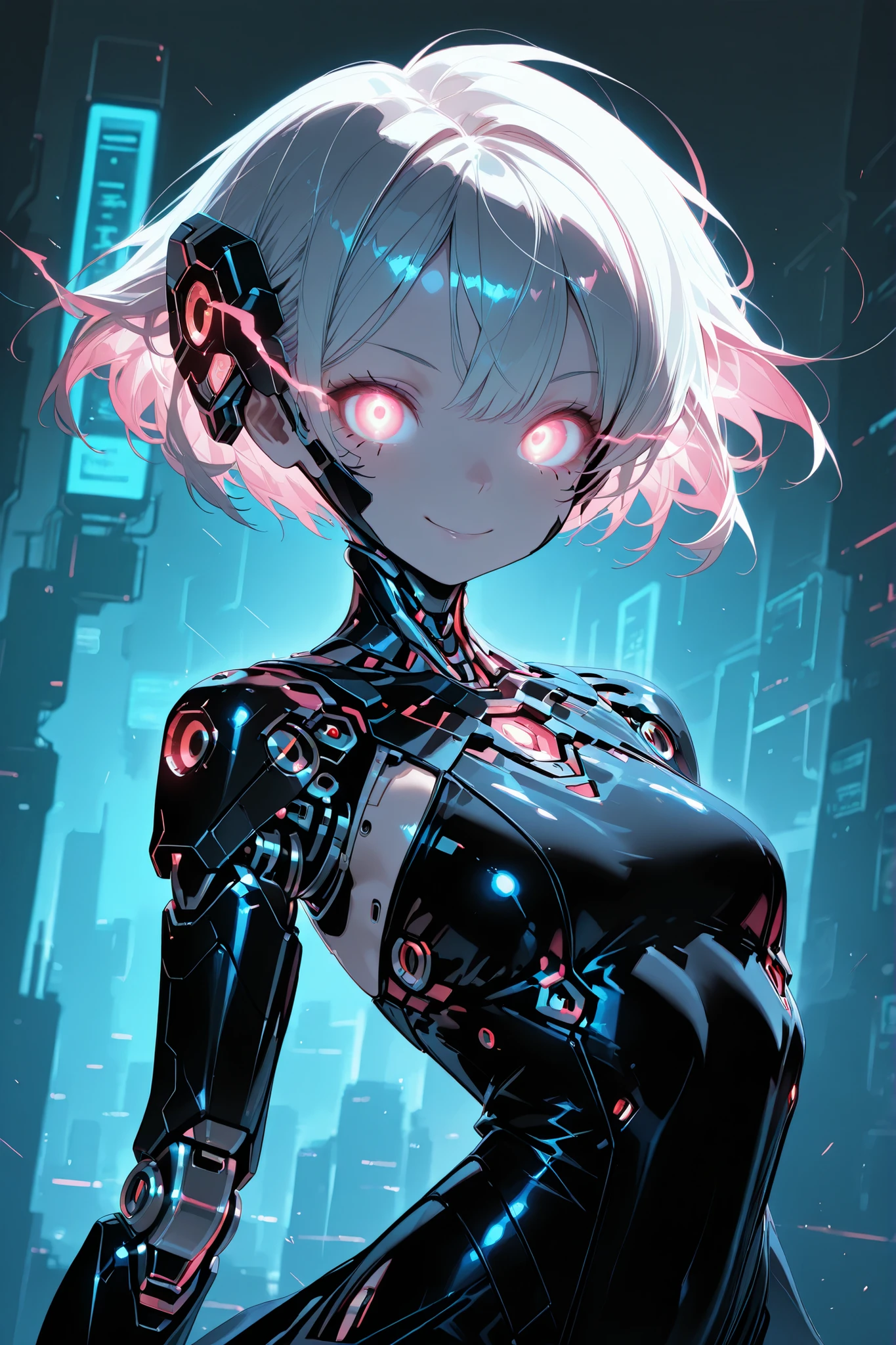 mechanical girl, cyberpunk,neonlight,shiny,mecha musume,top,score_9, score_8_up, score_7_up,,gew,glowing eyes,,eye trail,,a cyborg girl looking at the observer and smiling, cybernetic android woman, cheerful expression, Perfect face, bright eyes, charming smile, silky short hair, soft skin, athletic figure, robotic prosthesis, futuristic dress backgrounds, Abstract digital background, bright light effects, conceptart cyberpunk style, high quality digital illustration, 4k,ultra detailed, physical rendering, vibrant colors