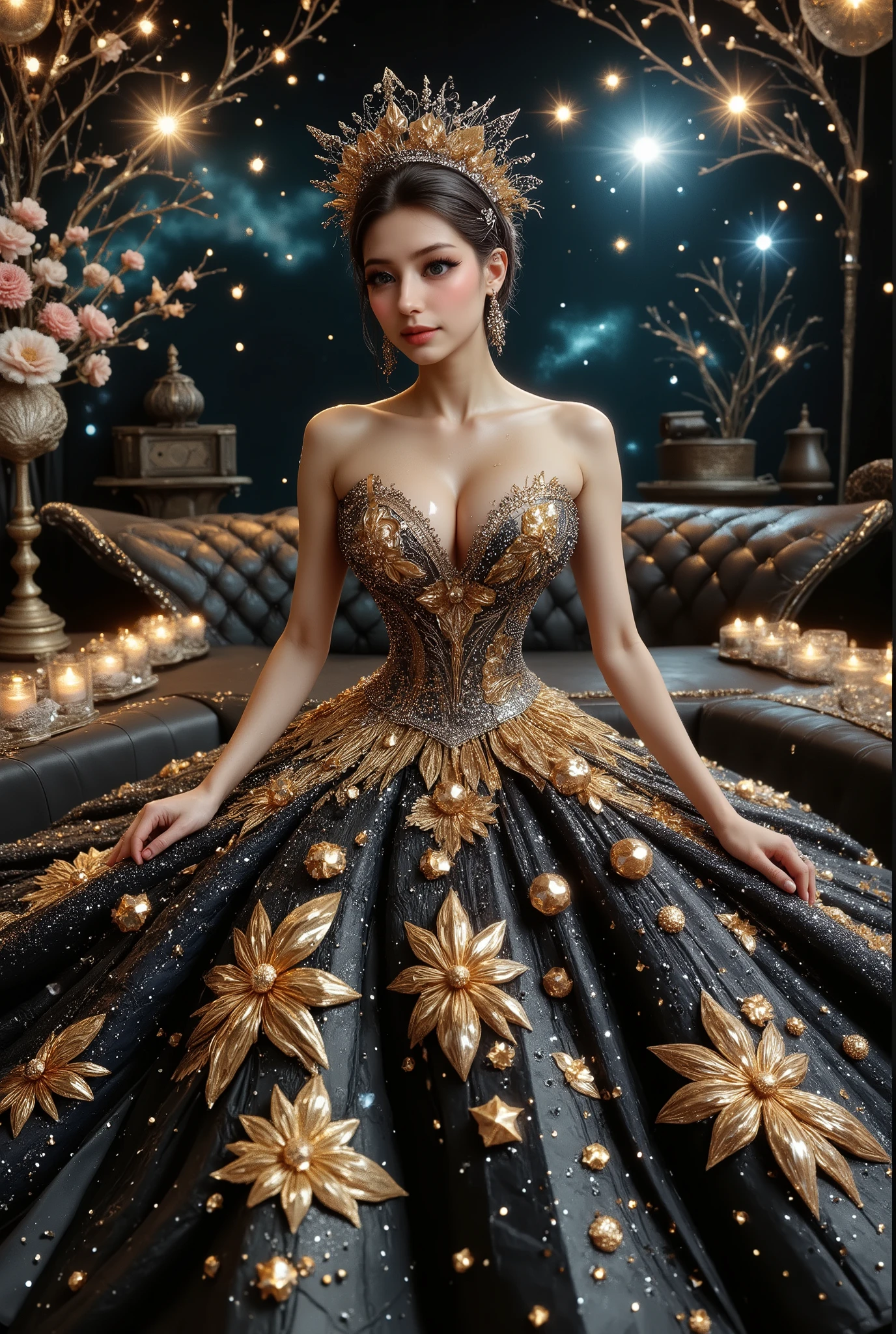 A high-resolution, detailed 3D rendering style. A young woman with big bobs, douyin-style makeup, adorned in a lavish gown, strapless dress, is seated against the backdrop of an elegant, tufted sofa. Her gown is striking, with a shimmering bodice adorned with silver trim leading to a voluminous skirt. The skirt features a stunning celestial design, reminiscent of the night sky, peppered with luminous stars and swirling patterns of light—a palette dominated by deep blue hues and warm golden yellow accents. Her hair is elegantly styled and she wears a shimmering tiara, completing her regal look. The atmosphere is one of fantasy and enchantment, enhanced by the ornate decorations surrounding her and the light silhouette of the cosmic sky overhead. Rich in texture and vibrant color, the scene presents a blend of fashion ingenuity and artistic flair, enveloping the viewer in a dreamlike atmosphere. masterpiece,high r,8k,ultra-detailed,photorealistic