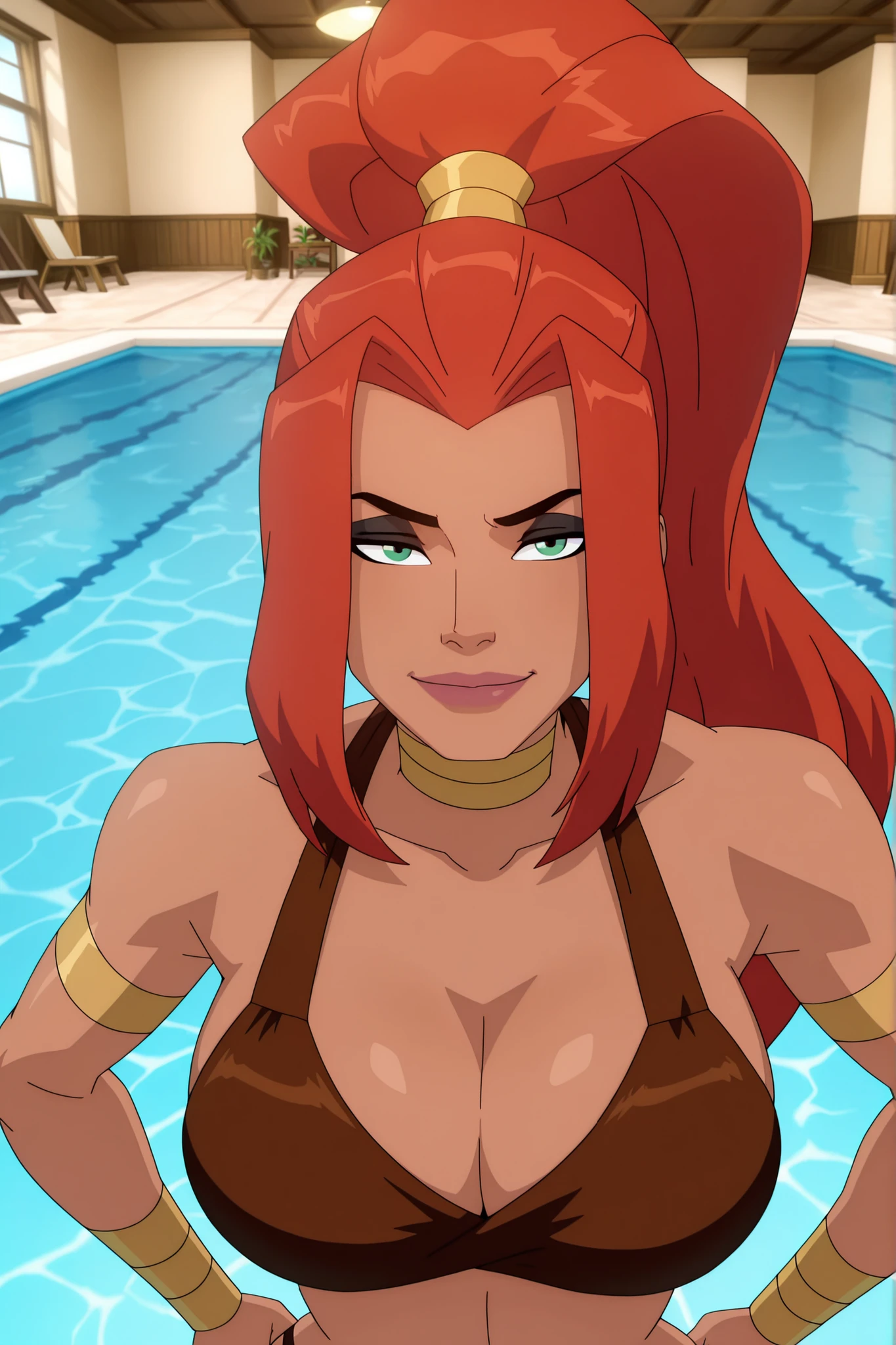 BREAK, score_6_up, score_7_up, score_8_up, score_9, 1girl, solo, long hair, green eyes, red hair, dark skin, dark-skinned female, high ponytail, art3m1s, very large breasts, busty, cleavage, curvy, athletic, looking at viewer, seducing viewer, teasing viewer, seductive expression, smiling, closed mouth, bedroom eyes, brown bikini top, brown bikini bottom, indoors, pool, standing, closeup, portrait, upper body, high-angle view, black eyeshadow,  thick thighs, wide hips, hands on waist 