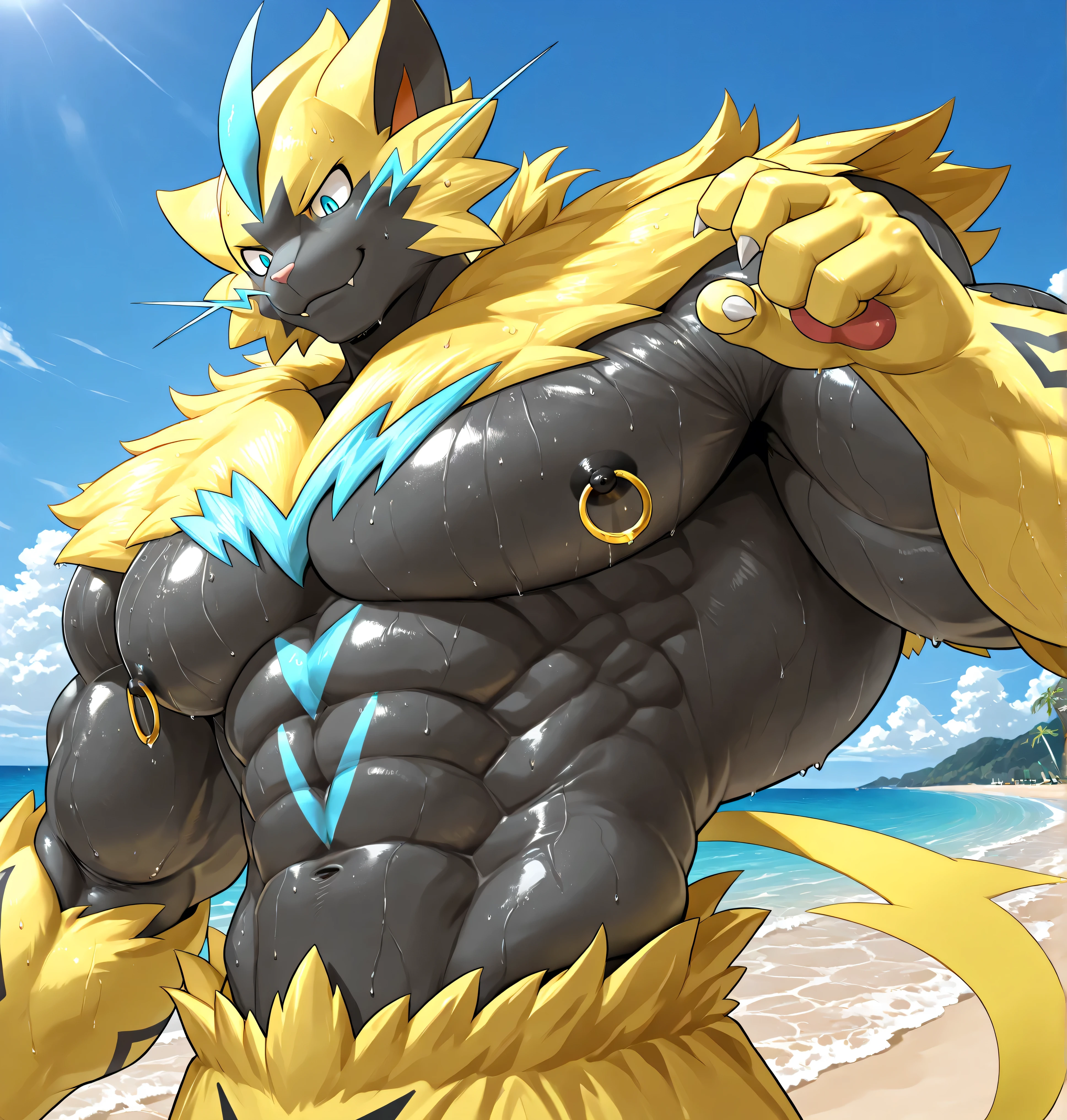 zeraora, pokemon (creature), tall body, bara, solo, alone, furry, Anthro, male, tail, huge muscular, posing, huge black nipples, golden nipple rings, broad shoulders, broad chest, surprised, smile, detailed background, looking down at his body, bare upper body, bulking up, striking random poses, sweaty, viewed from below, macro, beach, one raised eyebrow, BREAK score_9_up,score_8_up,score_7_up,score_6_up,score_5_up,score_4_up BREAK reclamon