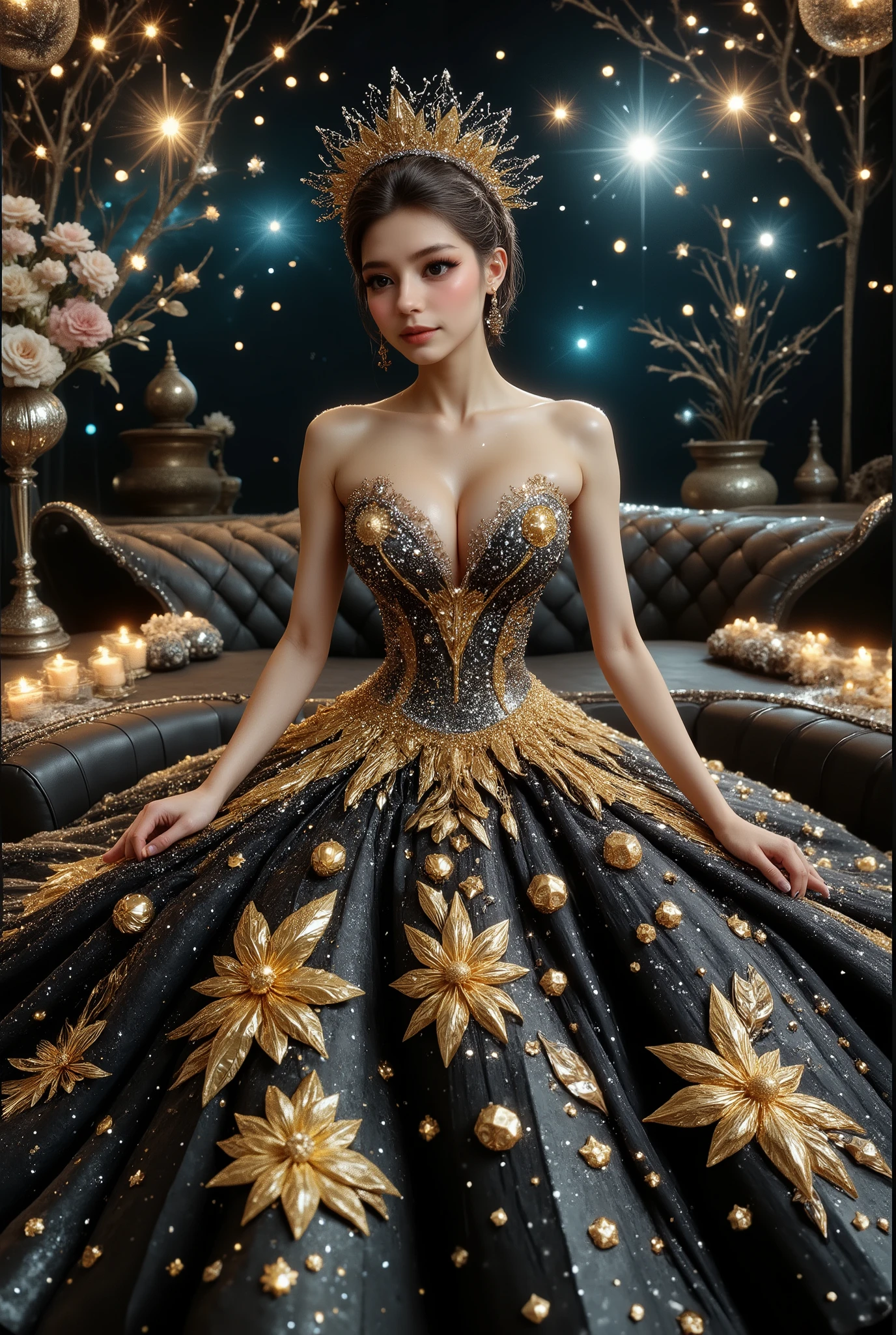 A high-resolution, detailed 3D rendering style. A young woman with big bobs, douyin-style makeup, adorned in a lavish gown, strapless dress, is seated against the backdrop of an elegant, tufted sofa. Her gown is striking, with a shimmering bodice adorned with silver trim leading to a voluminous skirt. The skirt features a stunning celestial design, reminiscent of the night sky, peppered with luminous stars and swirling patterns of light—a palette dominated by deep blue hues and warm golden yellow accents. Her hair is elegantly styled and she wears a shimmering tiara, completing her regal look. The atmosphere is one of fantasy and enchantment, enhanced by the ornate decorations surrounding her and the light silhouette of the cosmic sky overhead. Rich in texture and vibrant color, the scene presents a blend of fashion ingenuity and artistic flair, enveloping the viewer in a dreamlike atmosphere. masterpiece,high r,8k,ultra-detailed,photorealistic