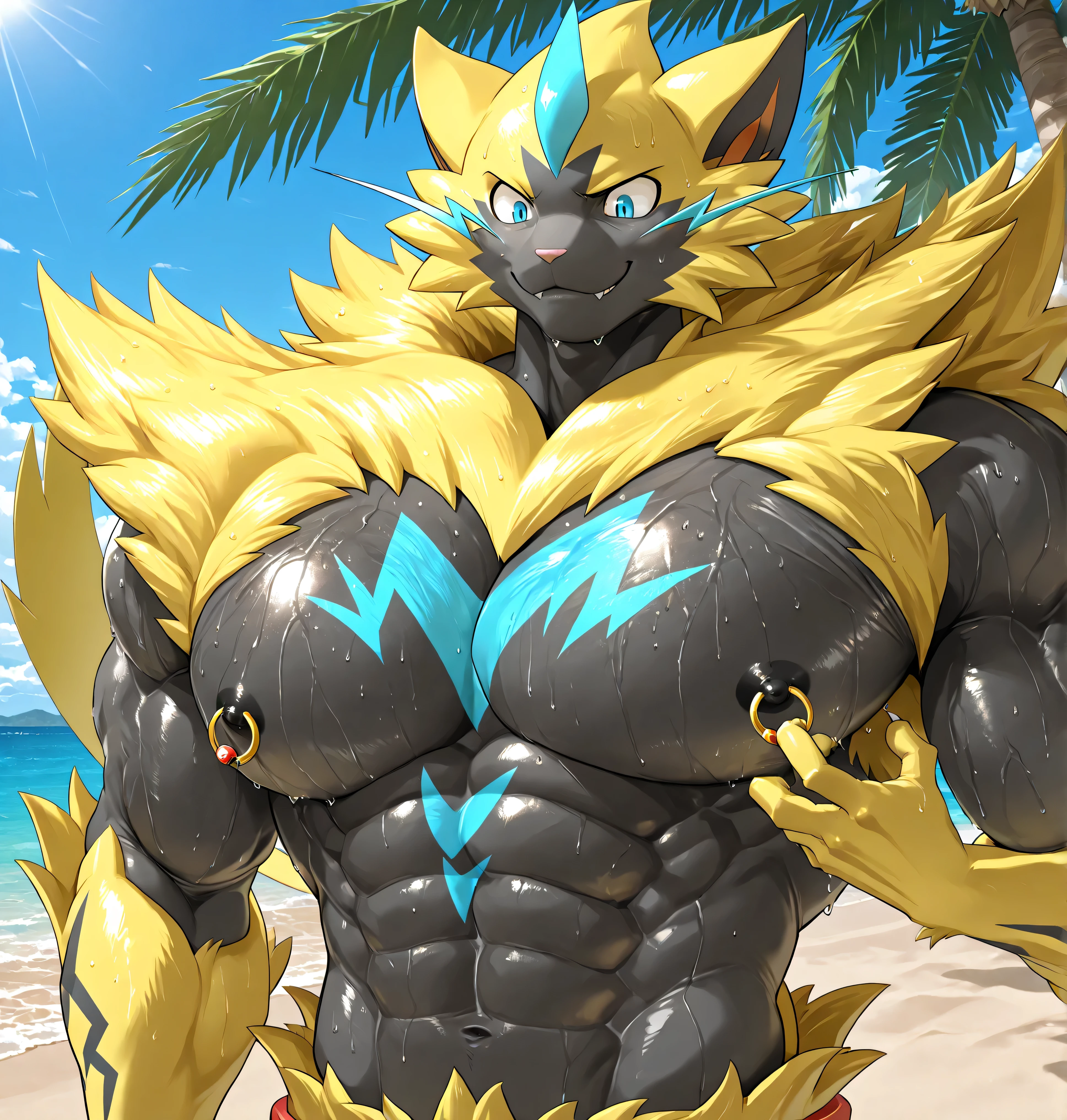 zeraora, pokemon (creature), tall body, bara, solo, alone, furry, Anthro, male, tail, huge muscular, posing, huge black nipples, golden nipple rings, broad shoulders, broad chest, surprised, smile, detailed background, looking down at his body, bare upper body, bulking up, striking random poses, sweaty, viewed from below, macro, beach, one raised eyebrow, BREAK score_9_up,score_8_up,score_7_up,score_6_up,score_5_up,score_4_up BREAK reclamon