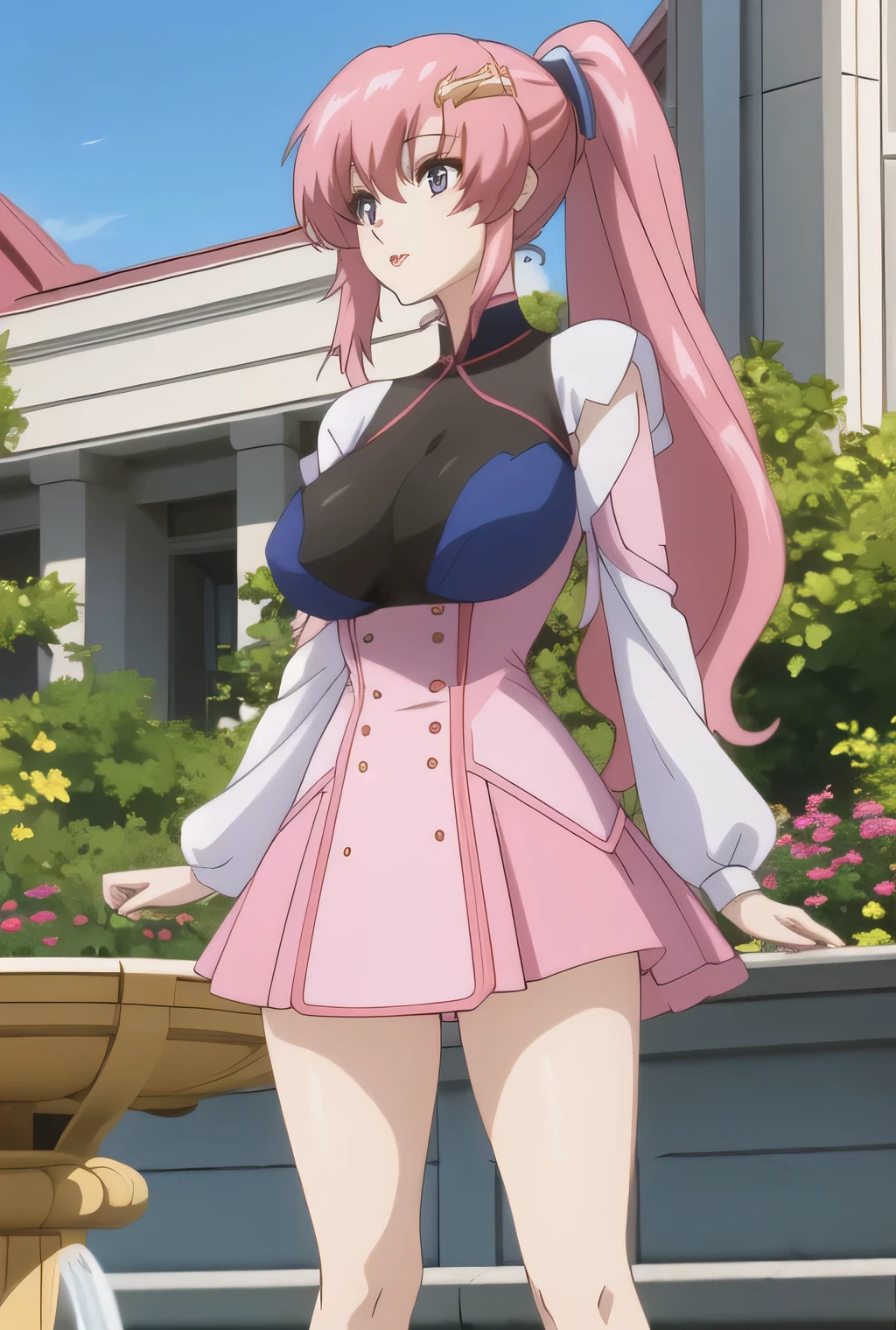 can you draw facial expressions more clearly, clearly, delicately, and in vivid colors,Smile Yan,they look at me and smile,ponytail from the front,Can you draw a woman with long pink hair,素敵なSmile Yanを描くことができますか,,white big breasted blouse,navy blue mini skirt,boots,Barefoot,amazing thighs ,Beautiful legs,,OL ,pink hair long hair,Let's draw a more delicate expression,優しいSmile Yanの女性たち,I need an anime CG,face trimming is prohibited,Alone,I'm standing in the fountain park, Sunny,,,even if she has big breasts and a slim waist,in a huge breast costume CG,Alone,bright color使いで解剖学的に正確な手と足の表現,Qi CG,, bright color,miniskirt costume,Do you need animated CG and can you delicately draw eyes and nose with、