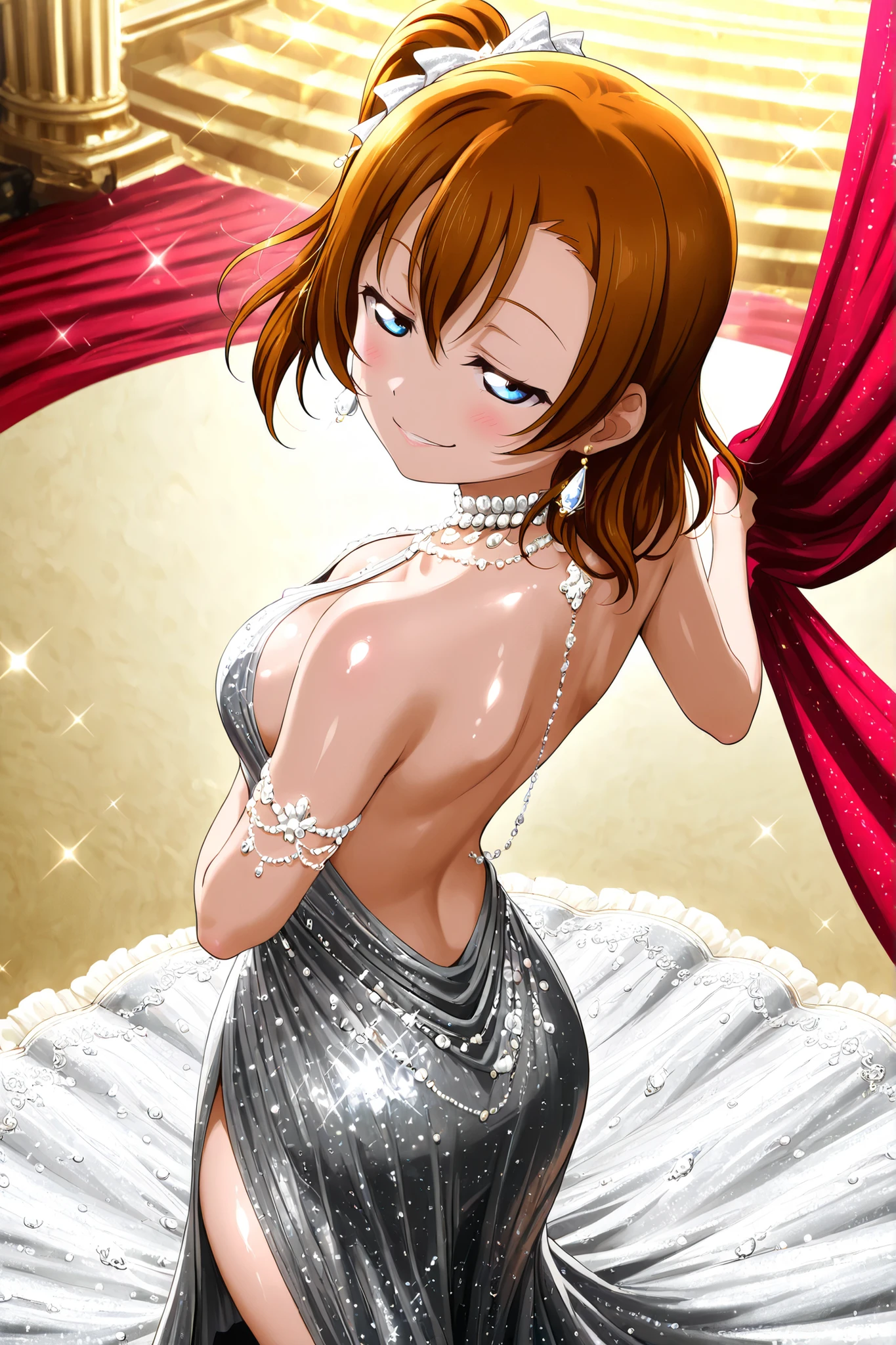,Love live, love live official artwork,shiny skin, sheer fabrics,Kousaka honoka, backless gown, elegant evening dress, embroidered details, golden embroidery, silver lace, crystal embellishments, flowing fabric, side slit, long gown, luxurious fashion, back jewelry, dangling earrings, over the shoulder glance, seductive smirk, half-lidded eyes, confident expression, elegant atmosphere, glamorous setting,over-the-shoulder perspective