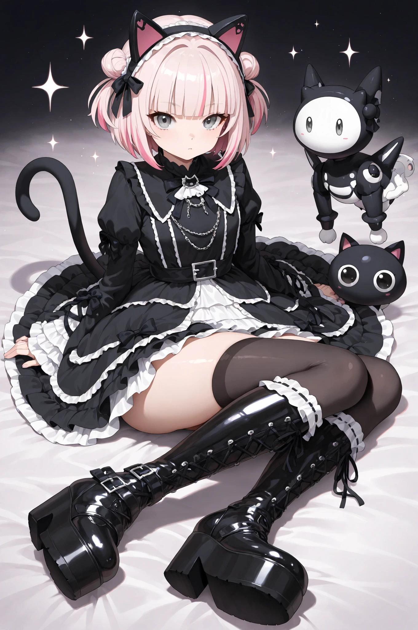 bl0use,swe3tjsk,sweetop,sweetegl,sweetlolita,masterpiece, best quality, ultra-detailed, anime style, full body, sitting pose, gothic lolita, yamikawaii, light pink hair with pink highlights, short hair,blunt bangs, hair accessories (cat headband), round face, grey eyes, black thigh-high socks, black glossy platform boots, frilly skirt with white accents, gothic dress, cute, shiny boots, sharp details, high contrast, bright sparkles around