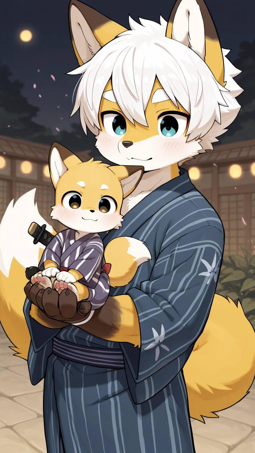 Slim gray old male fox with thin face round glasses wearing a long gray and dark blue kimono has a pigtail on the back of his head stroking the head of a small brown fox, He is smiling
