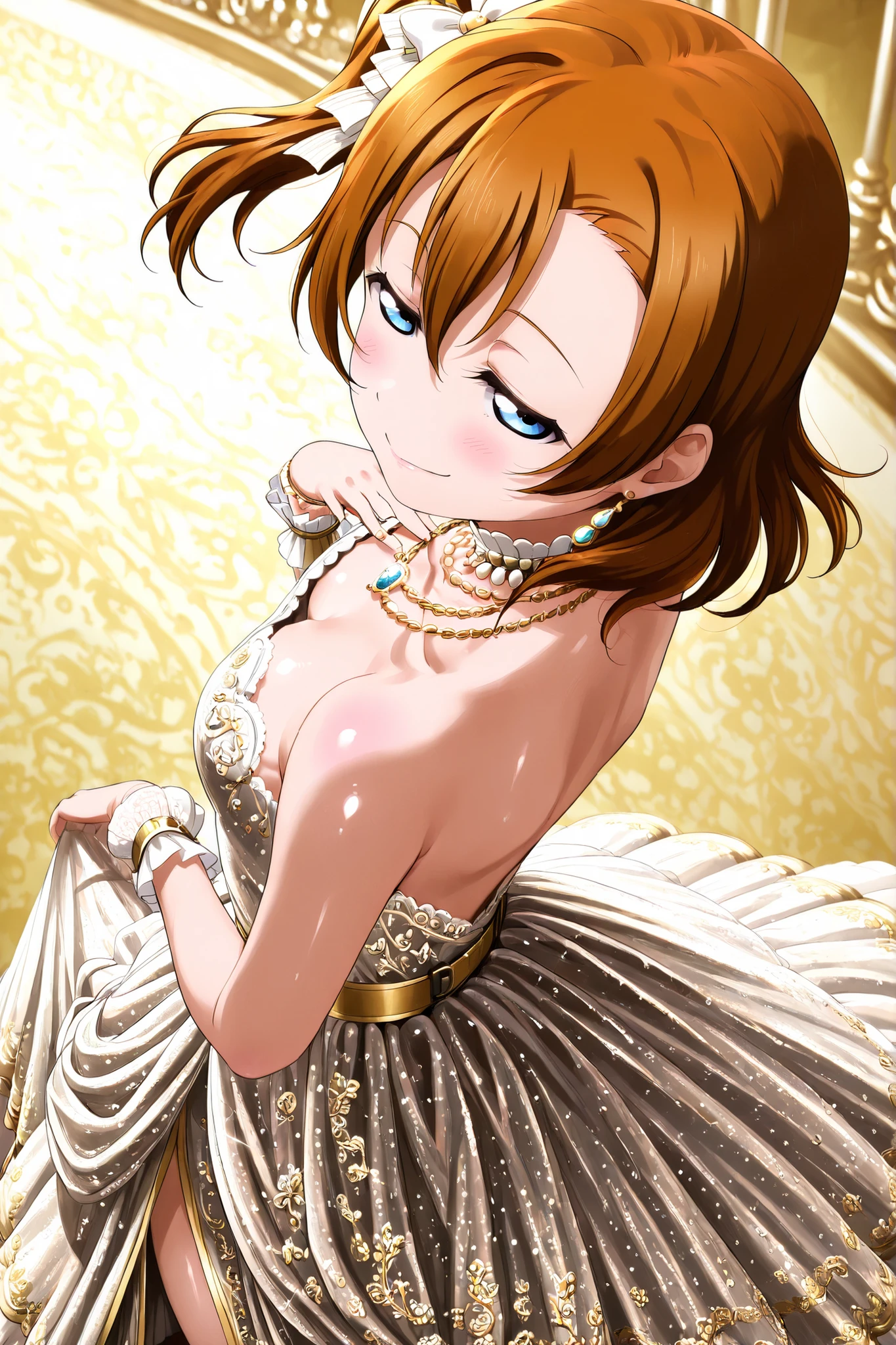 ,Love live, love live official artwork,shiny skin, sheer fabrics,Kousaka honoka, deep v-back dress, embroidered gown, elegant embroidery, royal fashion, luxurious fabric, silk dress, velvet dress, crystal embellishments, waist belt, flowing skirt, side slit, back jewelry, chain necklace, delicate accessories, bracelet cuffs, soft melancholic smile, half-lidded eyes, over the shoulder glance, elegant pose, refined beauty,over-the-shoulder perspective, cowboy shot
