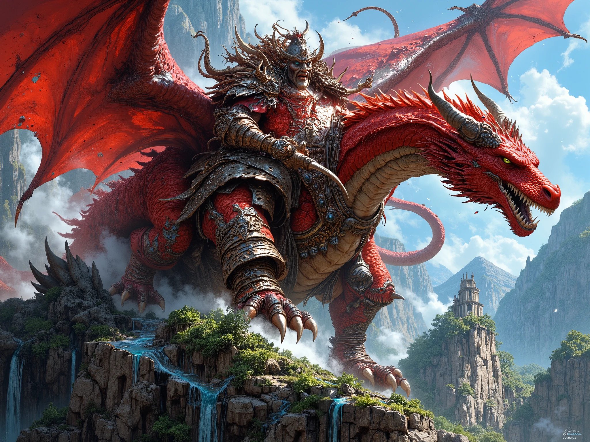 masterpiece, excellent quality, best quality, 1 red dragon flying towards an island floating in the air. On the dragon's back is an orc man brandishing a whip.