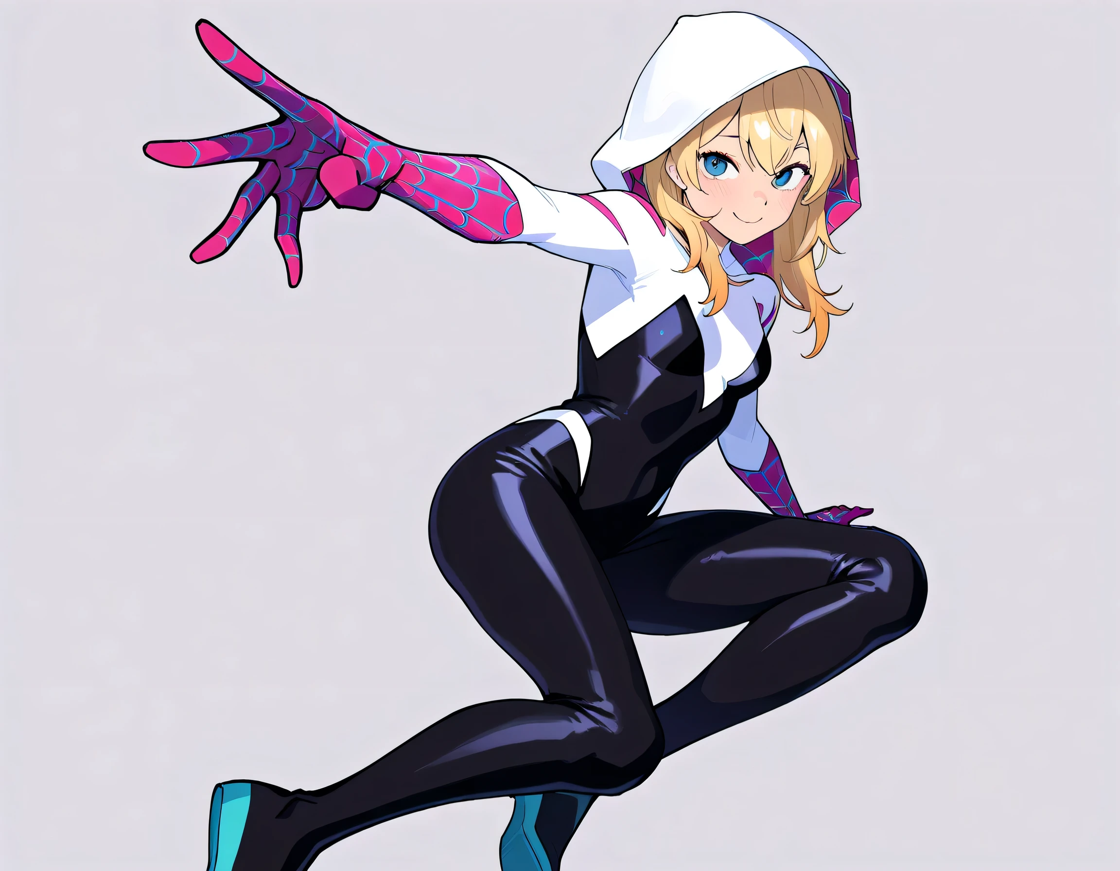 score_9, score_8_up, score_7_up , perfect anatomy、 high quality、 best image quality , spidergwen, 1girl, solo, blonde hair, blue eyes, bodysuit, hooded bodysuit, superhero,