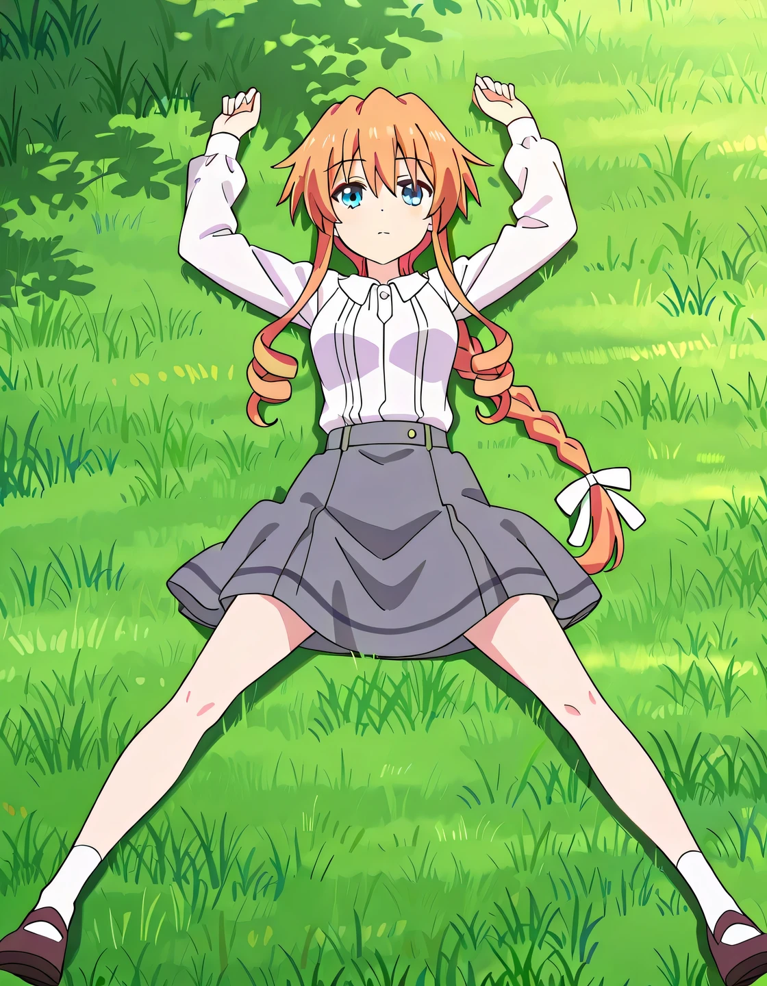 aayuzuru, blue eyes, orange hair, braided ponytail, drill hair, medium , yuzuruc1, white shirt, long sleeves, grey skirt, anime coloring, high quality, solo, lying, on back, arms up, , closed mouth, on grass, full body, looking at viewer, expressionless, best quality