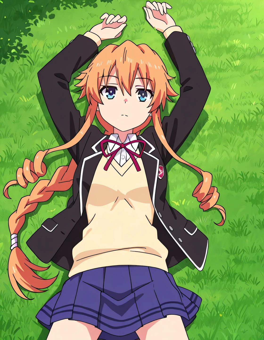 aayuzuru, blue eyes, orange hair, braided ponytail, drill hair, medium , yuzuruschool, school uniform, red neck ribbon, white dress shirt, yellow sweater vest, black blazer, blue skirt, pleated skirt, anime coloring, high quality, solo, lying, on back, arms up, , closed mouth, on grass, cowboy shot, looking at viewer, expressionless, best quality
