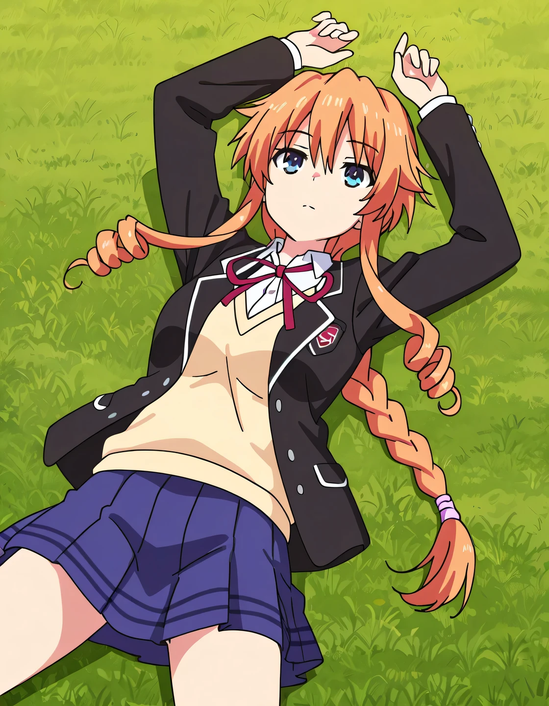 aayuzuru, blue eyes, orange hair, braided ponytail, drill hair, medium , yuzuruschool, school uniform, red neck ribbon, white dress shirt, yellow sweater vest, black blazer, blue skirt, pleated skirt, anime coloring, high quality, solo, lying, on back, arms up, , closed mouth, on grass, cowboy shot, looking at viewer, expressionless, best quality