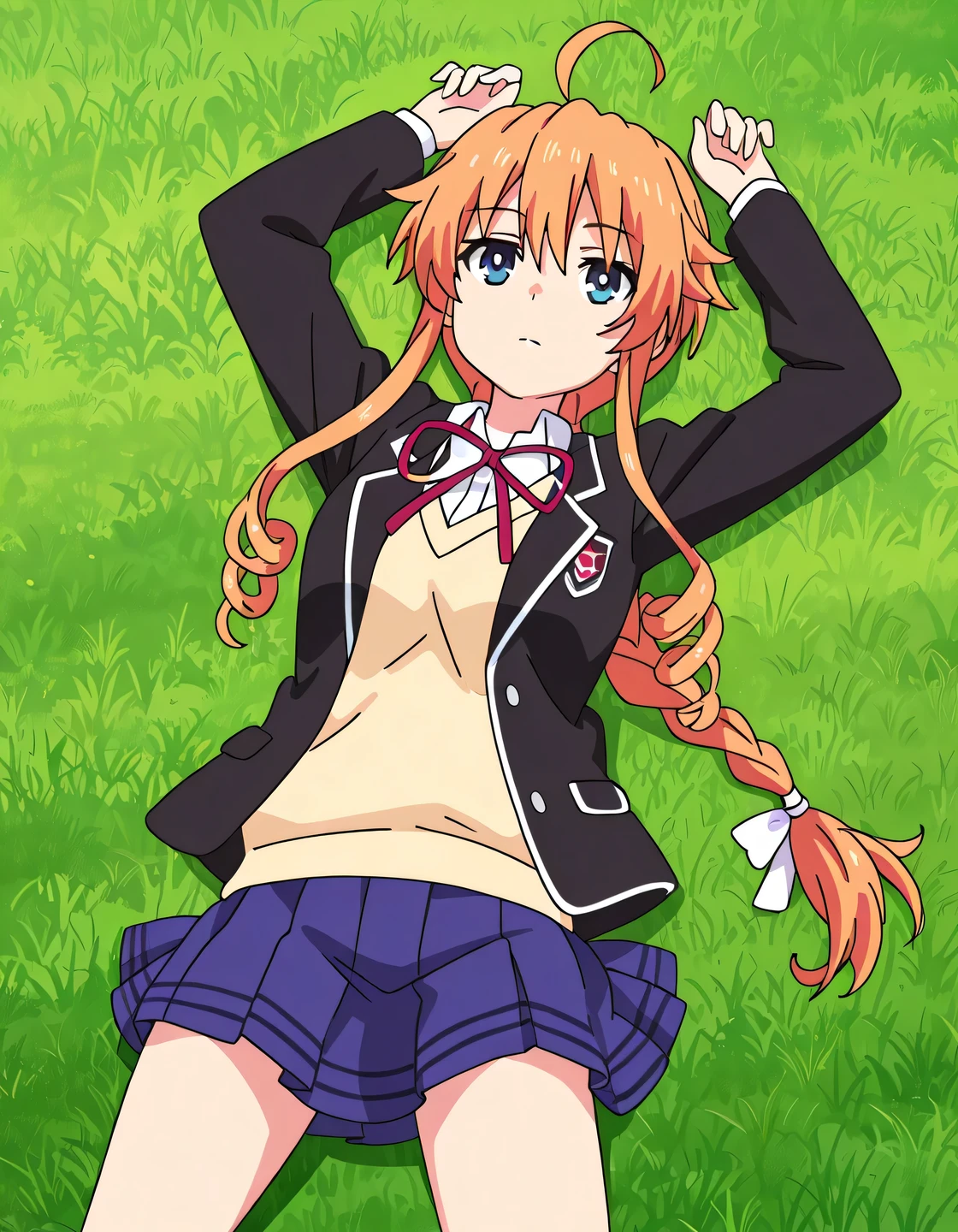 aayuzuru, blue eyes, orange hair, braided ponytail, drill hair, medium , yuzuruschool, school uniform, red neck ribbon, white dress shirt, yellow sweater vest, black blazer, blue skirt, pleated skirt, anime coloring, high quality, solo, lying, on back, arms up, , closed mouth, on grass, cowboy shot, looking at viewer, expressionless, best quality