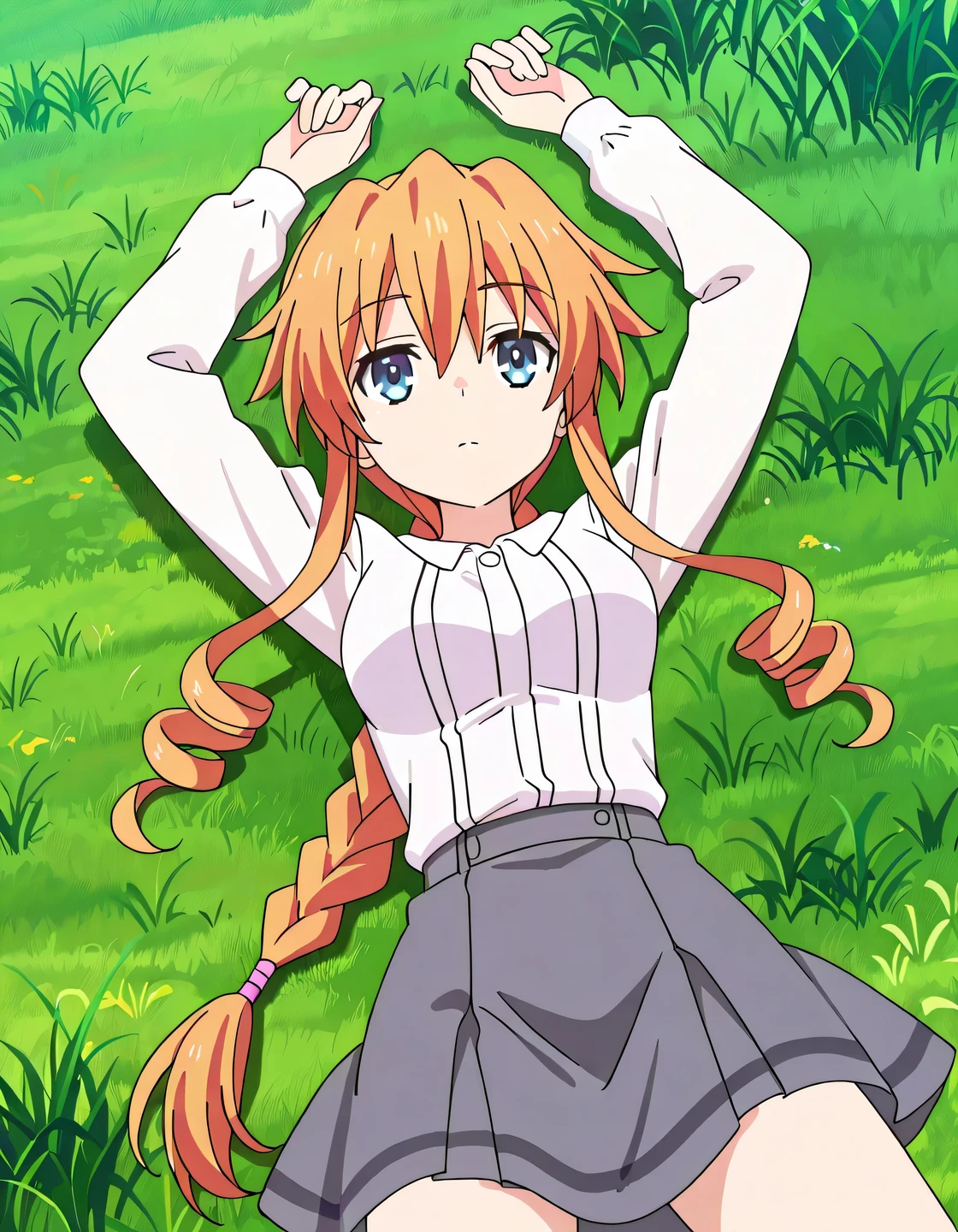 aayuzuru, blue eyes, orange hair, braided ponytail, drill hair, medium , yuzuruc1, white shirt, long sleeves, grey skirt, anime screencap, high quality, solo, lying, on back, arms up, , closed mouth, grass, cowboy shot, looking at viewer, expressionless, best quality