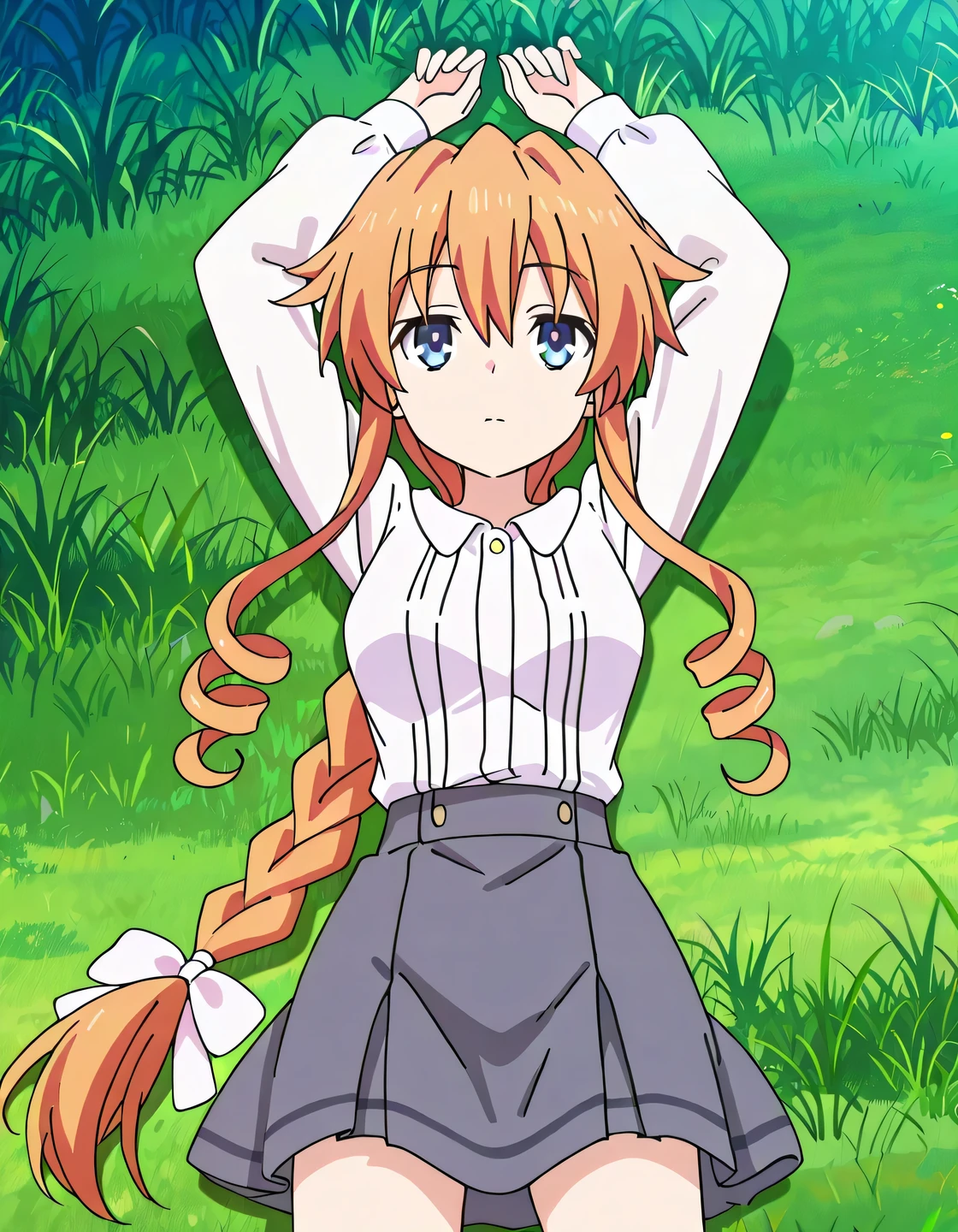 aayuzuru, blue eyes, orange hair, braided ponytail, drill hair, medium , yuzuruc1, white shirt, long sleeves, grey skirt, anime screencap, high quality, solo, lying, on back, arms up, , closed mouth, grass, cowboy shot, looking at viewer, expressionless, best quality