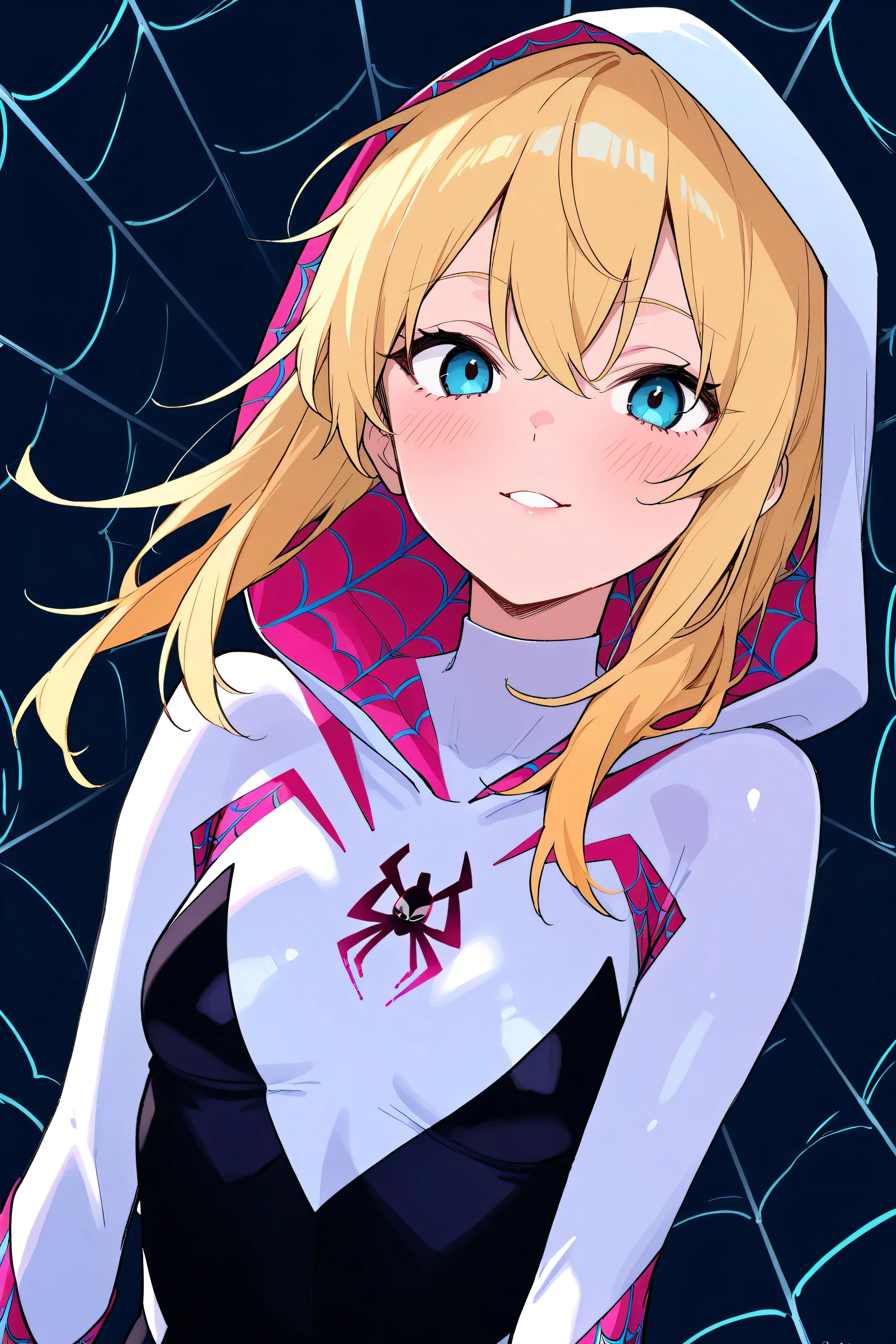 score_9, score_8_up, score_7_up , perfect anatomy、 high quality、 best image quality , spidergwen, 1girl, solo, blonde hair, blue eyes, bodysuit, hooded bodysuit, superhero,