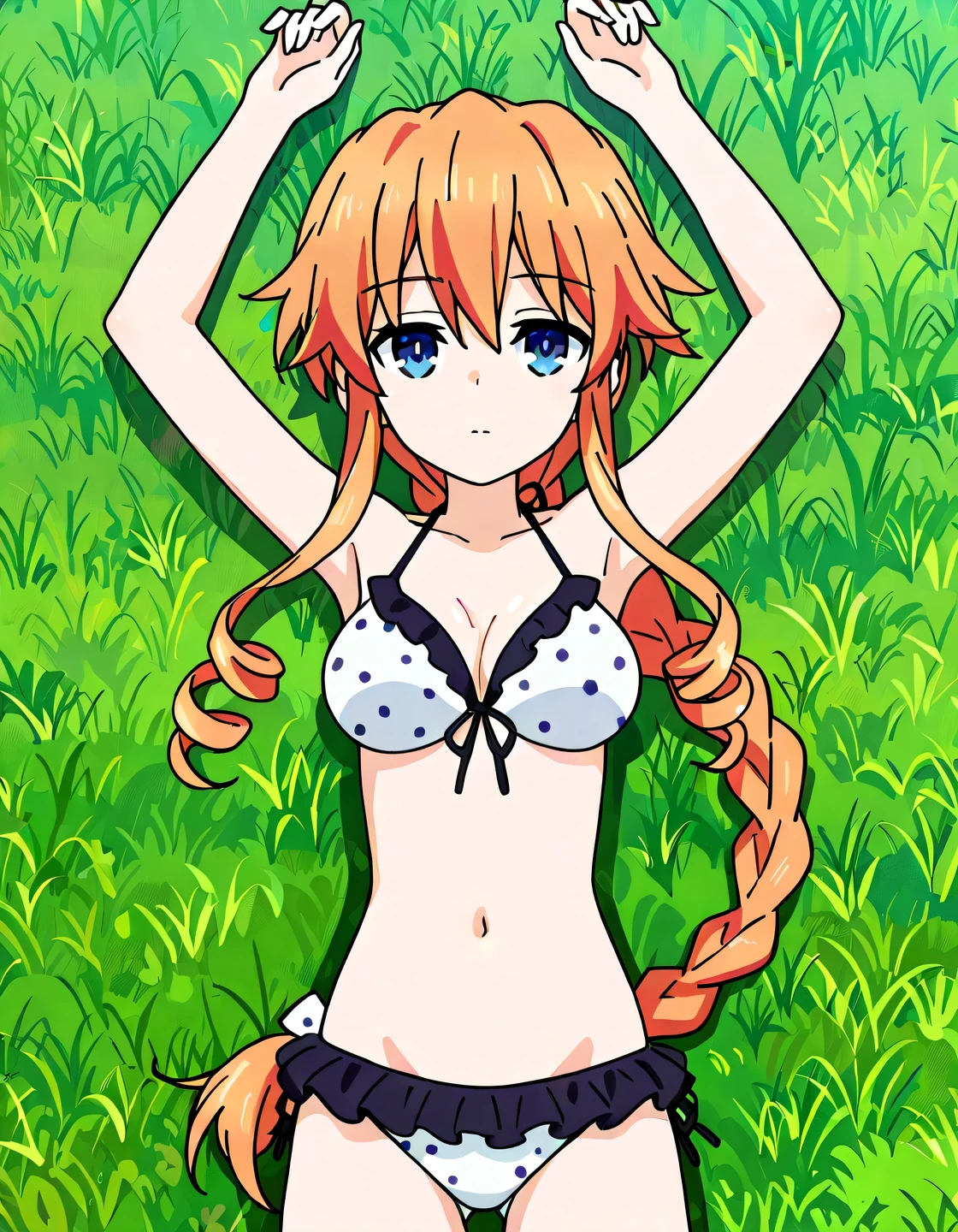aayuzuru, blue eyes, orange hair, braided ponytail, drill hair, medium breast, yuzuruswim, swimsuit, halterneck, white bikini, polka dot bikini, frilled bikini, high quality, solo, lying, on back, arms up, legs apart, closed mouth, on grass, cowboy shot, looking at viewer, expressionless, best quality