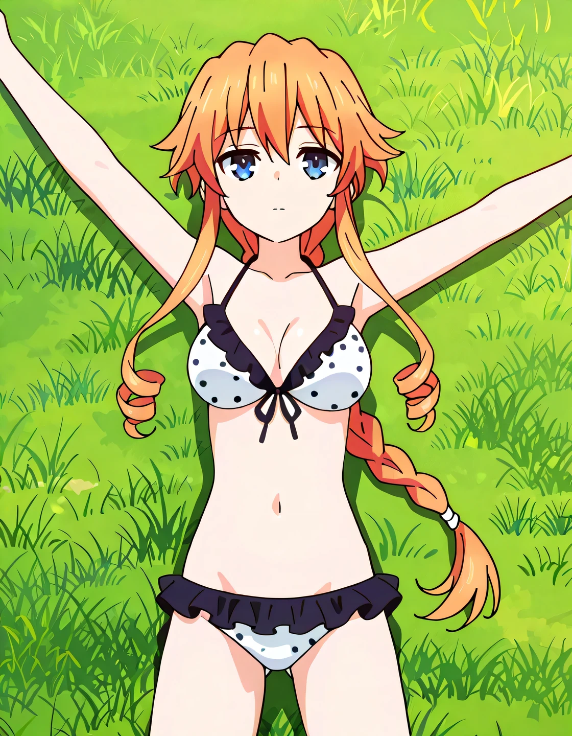 aayuzuru, blue eyes, orange hair, braided ponytail, drill hair, medium breast, yuzuruswim, swimsuit, halterneck, white bikini, polka dot bikini, frilled bikini, high quality, solo, lying, on back, arms up, legs apart, closed mouth, on grass, cowboy shot, looking at viewer, expressionless, best quality