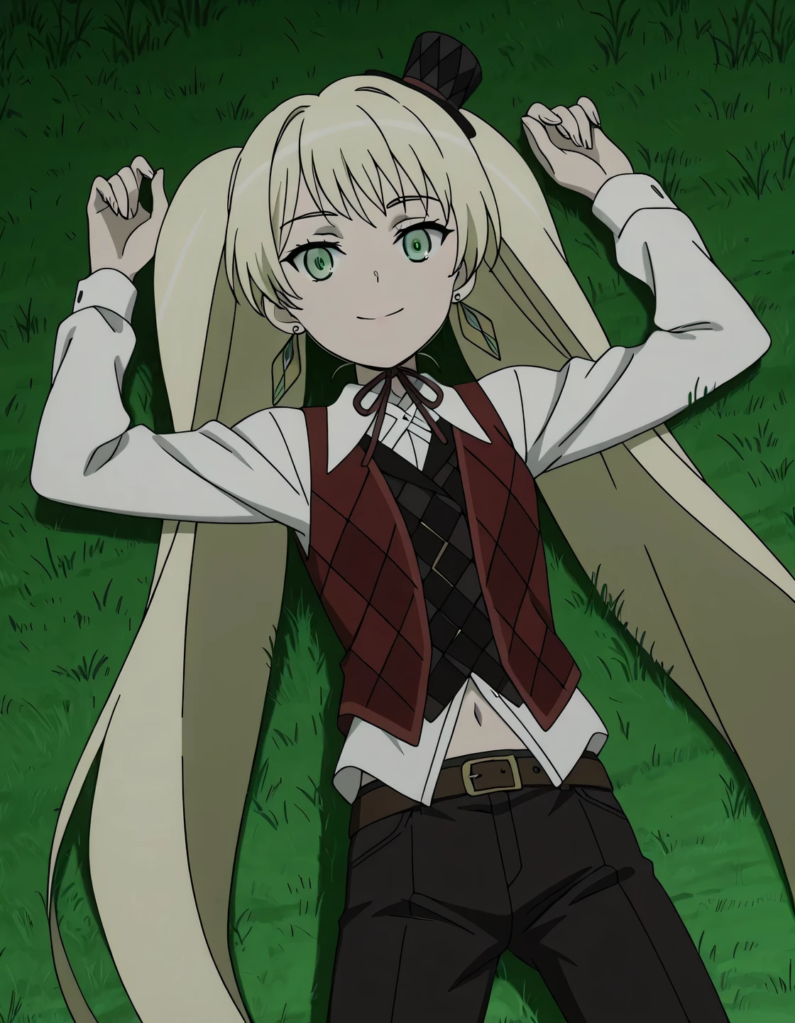 ladylee tangleroad, long hair, blonde hair, twintails, green eyes, anime screencap, hat, navel, jewelry, earrings, vest, mini hat, top hat, belt, shirt, long sleeves, ribbon, white shirt, collared shirt, pants, neck ribbon, checkered clothes, high quality, solo, lying, on back, grass, arms up, legs apart, cowboy shot, closed mouth, looking at viewer, smile, best quality