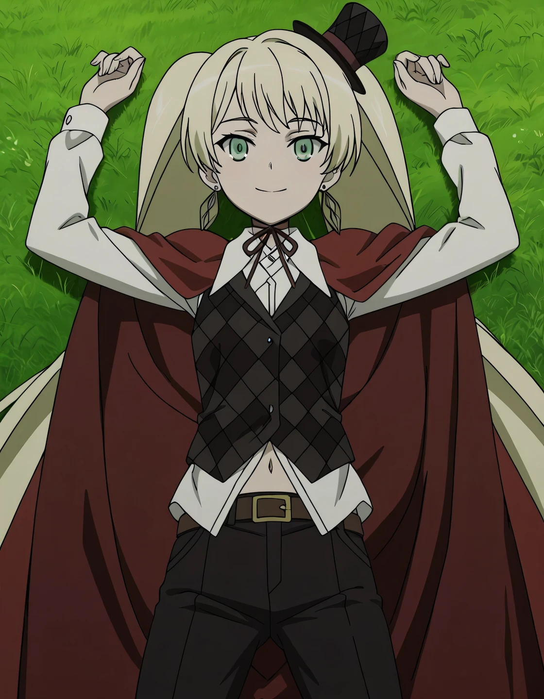 ladylee tangleroad, long hair, blonde hair, twintails, green eyes, anime screencap, hat, navel, jewelry, earrings, vest, mini hat, top hat, belt, shirt, long sleeves, ribbon, white shirt, collared shirt, pants, neck ribbon, checkered clothes, high quality, solo, lying, on back, grass, arms up, legs apart, cowboy shot, closed mouth, looking at viewer, smile, best quality