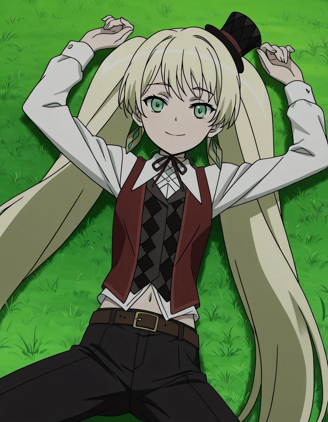 ladylee tangleroad, long hair, blonde hair, twintails, green eyes, anime screencap, hat, navel, jewelry, earrings, vest, mini hat, top hat, belt, shirt, long sleeves, ribbon, white shirt, collared shirt, pants, neck ribbon, checkered clothes, high quality, solo, lying, on back, grass, arms up, spread legs, cowboy shot, closed mouth, looking at viewer, smile, best quality