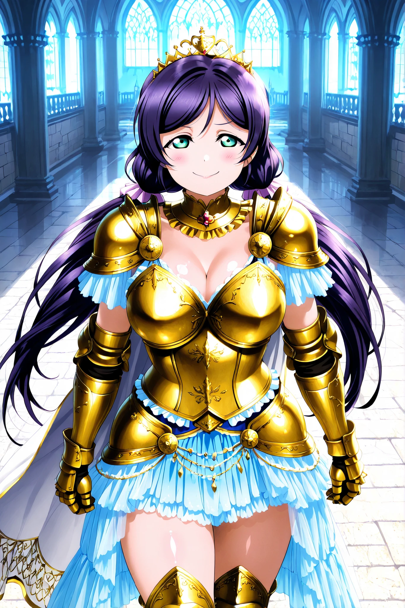 ,Love live, love live official artwork,shiny skin, sheer fabrics, toujo nozomi, large breasts, elegant armored warrior, ornate armor, silver and gold armor, embossed chestplate, decorated pauldrons, armored gauntlets, greaves, waist-length cape, royal diadem, warrior princess, cowboy shot, confident expression, calm smile, half-lidded eyes, stern elegance, regal aura, dramatic lighting, castle courtyard,over-the-shoulder perspective