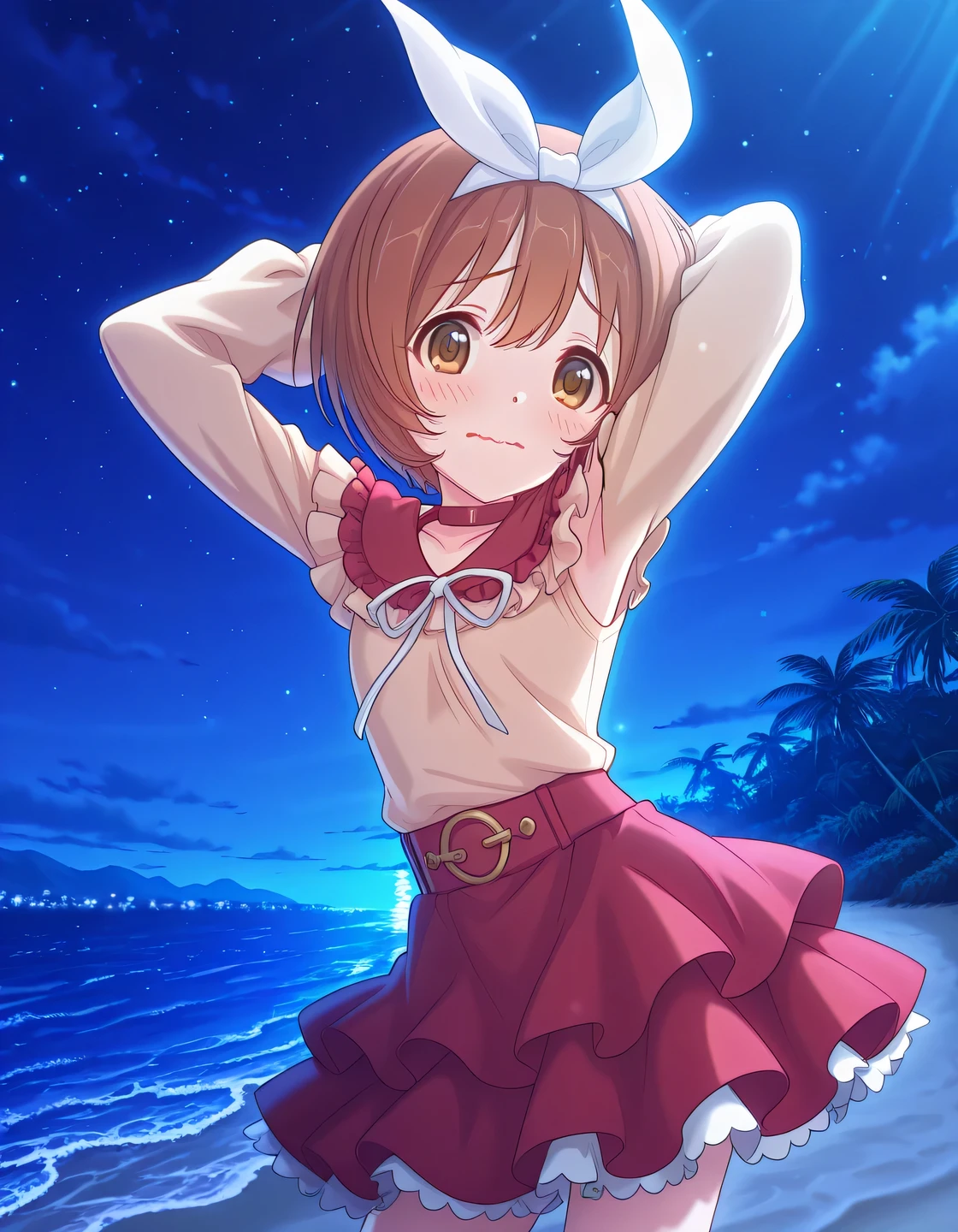rlpkrmi, short hair, brown hair, hairband, hair ribbon, brown eyes, white ribbon, frilled shirt collar, red collar, beige shirt, long sleeves, red skirt, frilled skirt, white frills, anime screencap, high quality, solo, night sky, beach, armpits, (hands behind head), ((contrapposto)), closed mouth, cowboy shot, looking at viewer, wavy mouth, shy, best quality