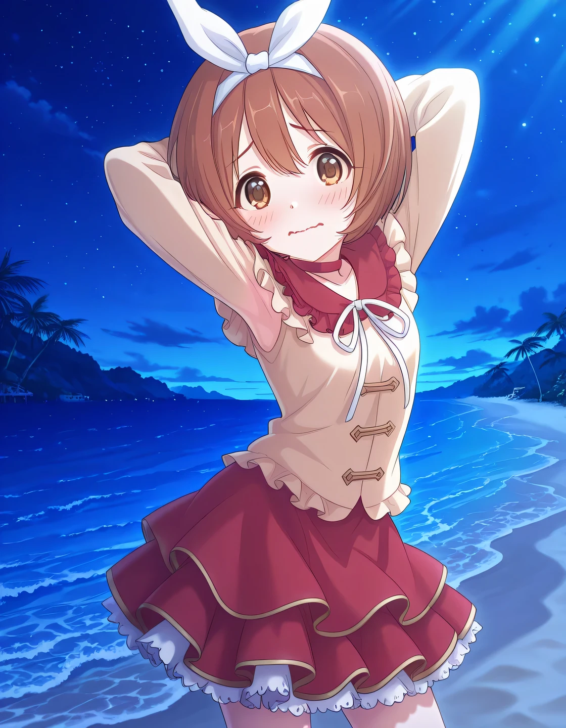 rlpkrmi, short hair, brown hair, hairband, hair ribbon, brown eyes, white ribbon, frilled shirt collar, red collar, beige shirt, long sleeves, red skirt, frilled skirt, white frills, anime screencap, high quality, solo, night sky, beach, armpits, (hands behind head), ((contrapposto)), closed mouth, cowboy shot, looking at viewer, wavy mouth, shy, best quality