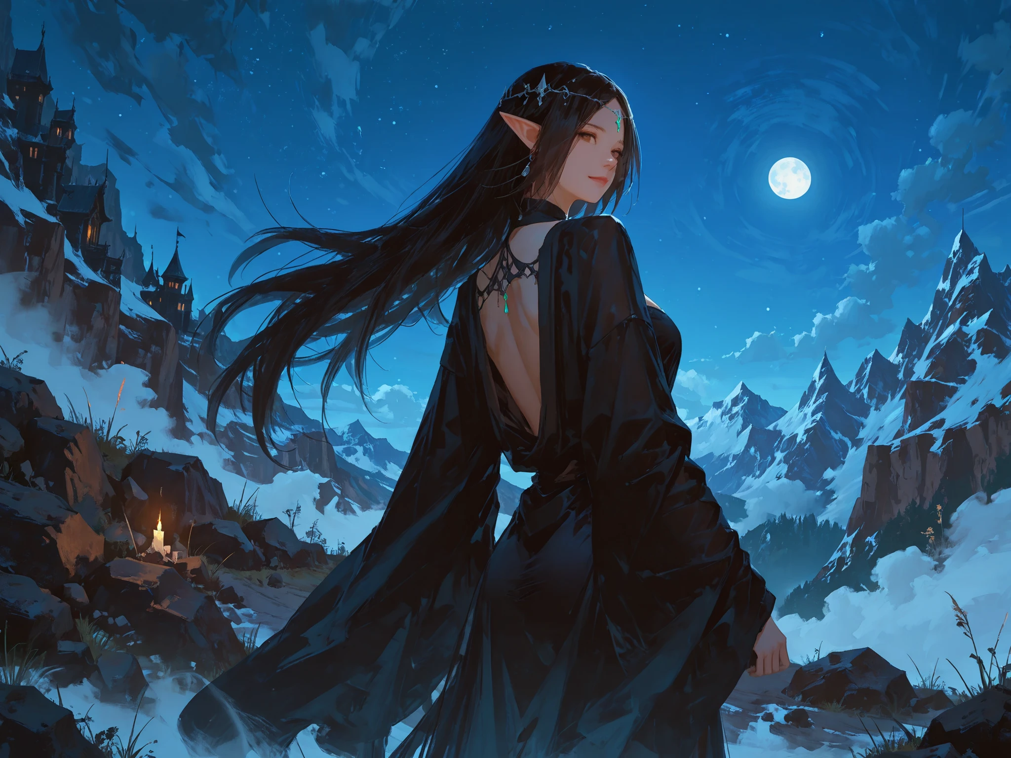 upper shot, looking back, makes an aesthetic, Master piece, Best Quality, ultra detailed, a beautiful woman, solo, absurdly long black hair, forehead, silky straight hair, A delicate black-onyx circlet, beautiful brown eyes, dark-elf, Proud expression, large breast, light smile, night queen's dress with beautiful gem stone, dark castle of rock mountain in background, fantasy world, night, wind, moon, blue sky