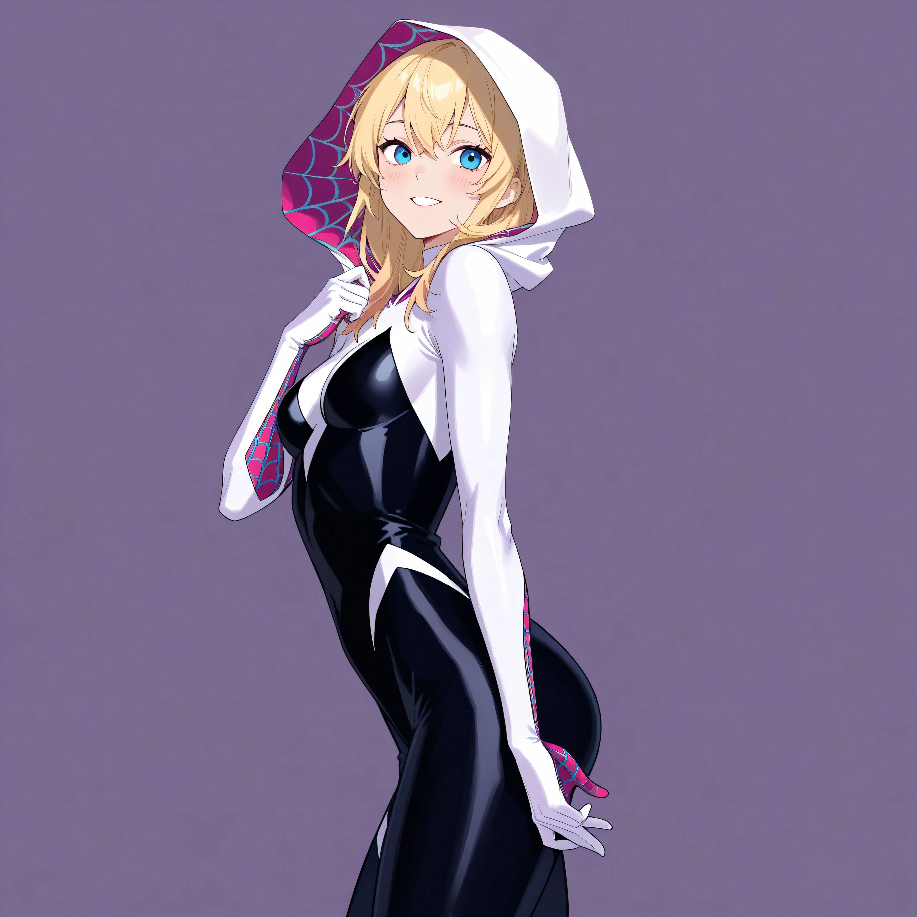 score_9, score_8_up, score_7_up , perfect anatomy、 high quality、 best image quality , spidergwen, 1girl, solo, blonde hair, blue eyes, bodysuit, hooded bodysuit, superhero,