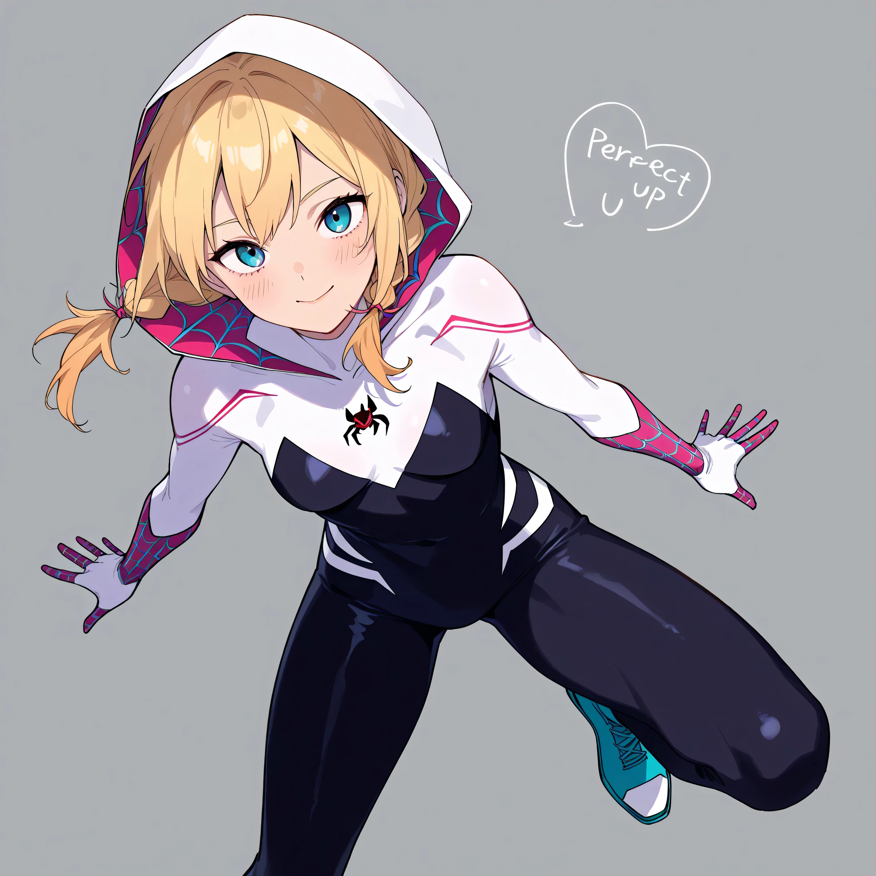 score_9, score_8_up, score_7_up , perfect anatomy、 high quality、 best image quality , spidergwen, 1girl, solo, blonde hair, blue eyes, bodysuit, hooded bodysuit, superhero,