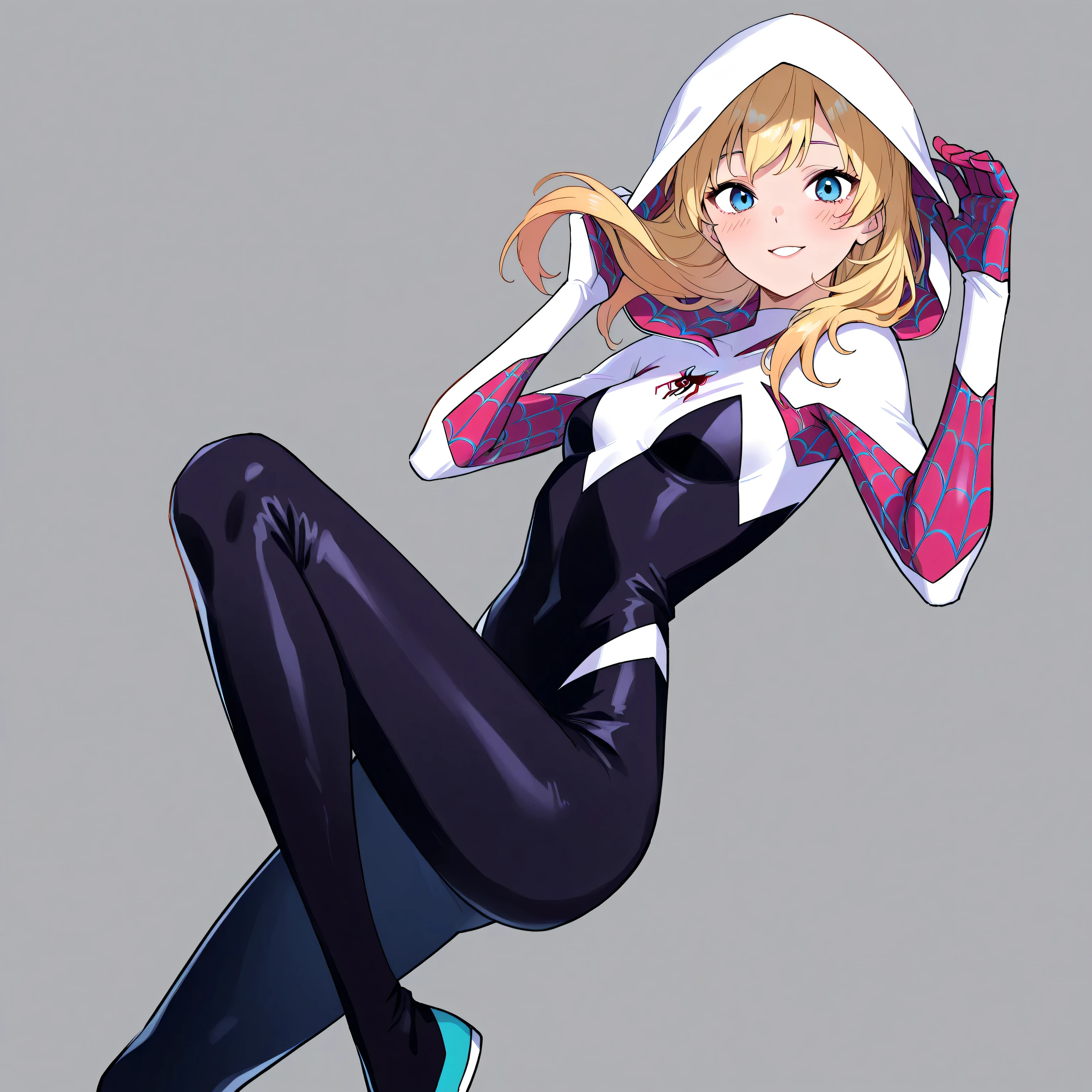 score_9, score_8_up, score_7_up , perfect anatomy、 high quality、 best image quality , spidergwen, 1girl, solo, blonde hair, blue eyes, bodysuit, hooded bodysuit, superhero,