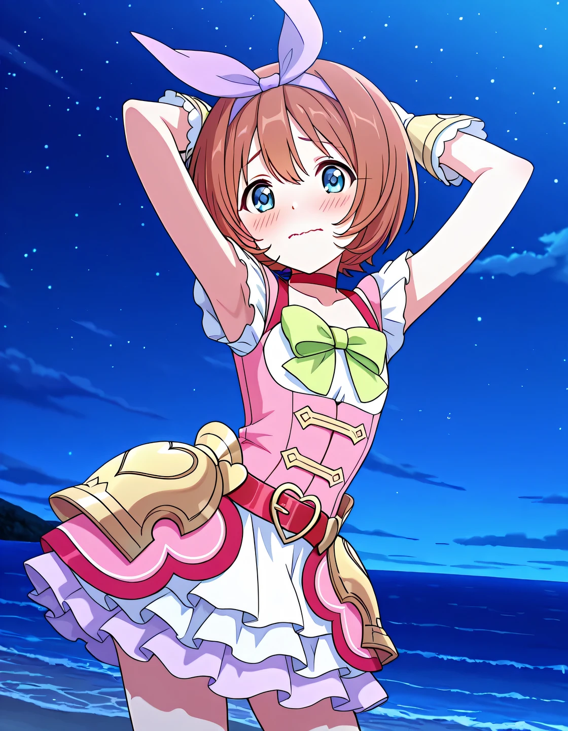 pcrkrmi, short hair, brown hair, hairband, hair ribbon, blue eyes, pkrmdef, purple ribbon, short sleeves, pink dress, white shirt, green bowtie, red choker, red belt, hip armor, white gloves, white skirt, layered skirt, anime screencap, high quality, solo, night sky, beach, armpits, (hands behind head), ((contrapposto)), closed mouth, cowboy shot, looking at viewer, wavy mouth, shy, best quality
