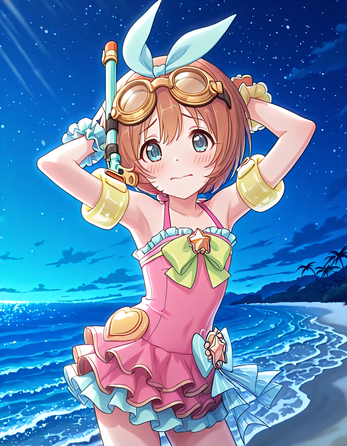 pcrkrmi, short hair, brown hair, hairband, hair ribbon, blue eyes, pkrmsum, blue ribbon, snorkel, goggles on head, pink one-piece swimsuit, frilled one-piece swimsuit, green bowtie, star brooch, wrist scrunchie, inflatable armbands, anime screencap, high quality, solo, night sky, beach, armpits, (hands behind head), ((contrapposto)), closed mouth, cowboy shot, looking at viewer, wavy mouth, shy, best quality
