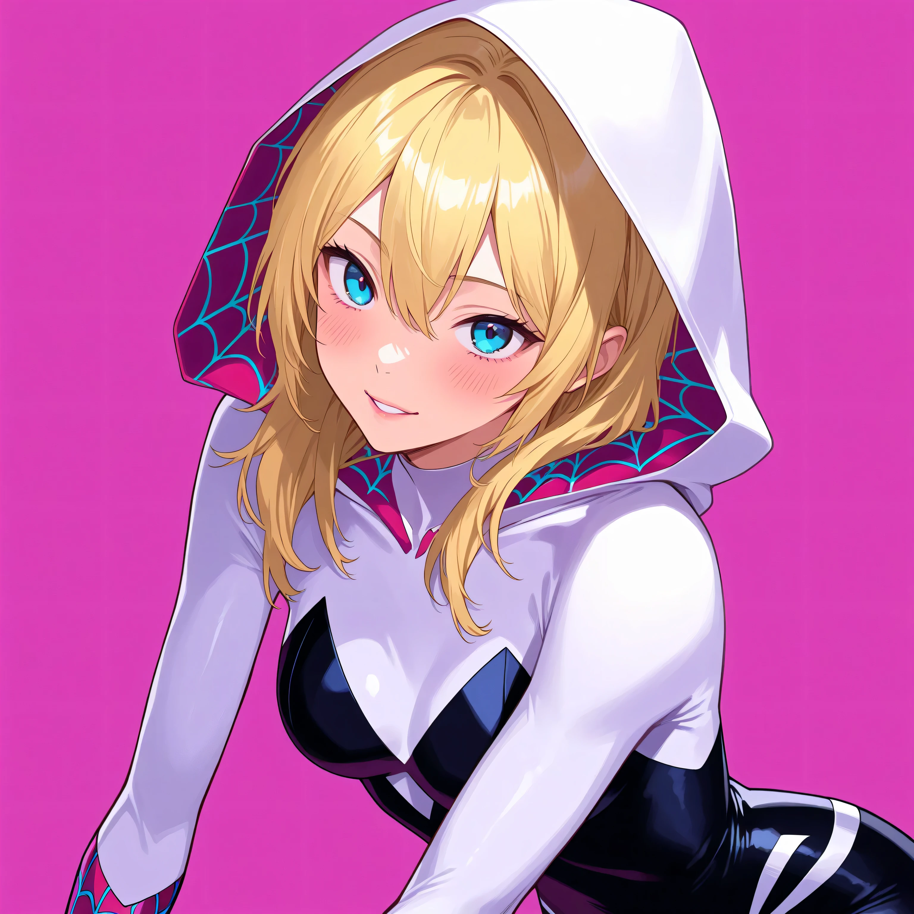 score_9, score_8_up, score_7_up , perfect anatomy、 high quality、 best image quality , spidergwen, 1girl, solo, blonde hair, blue eyes, bodysuit, hooded bodysuit, superhero