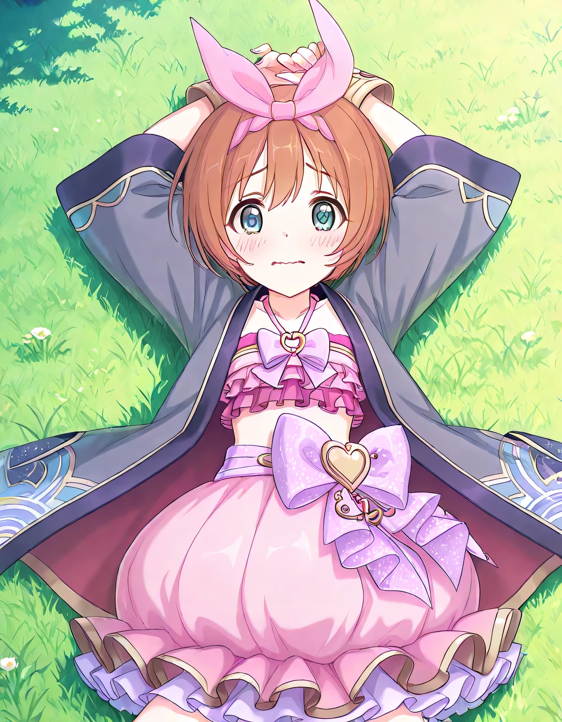 pcrkrmi, short hair, brown hair, hairband, hair ribbon, blue eyes, pkrmstg, pink ribbon, pink crop top, halterneck, happi, grey jacket, dress bow, purple bow, bubble skirt, frilled dress, anime screencap, high quality, solo, lying, on back, on grass, arms up, spread legs, cowboy shot, closed mouth, looking at viewer, wavy mouth, shy, best quality 