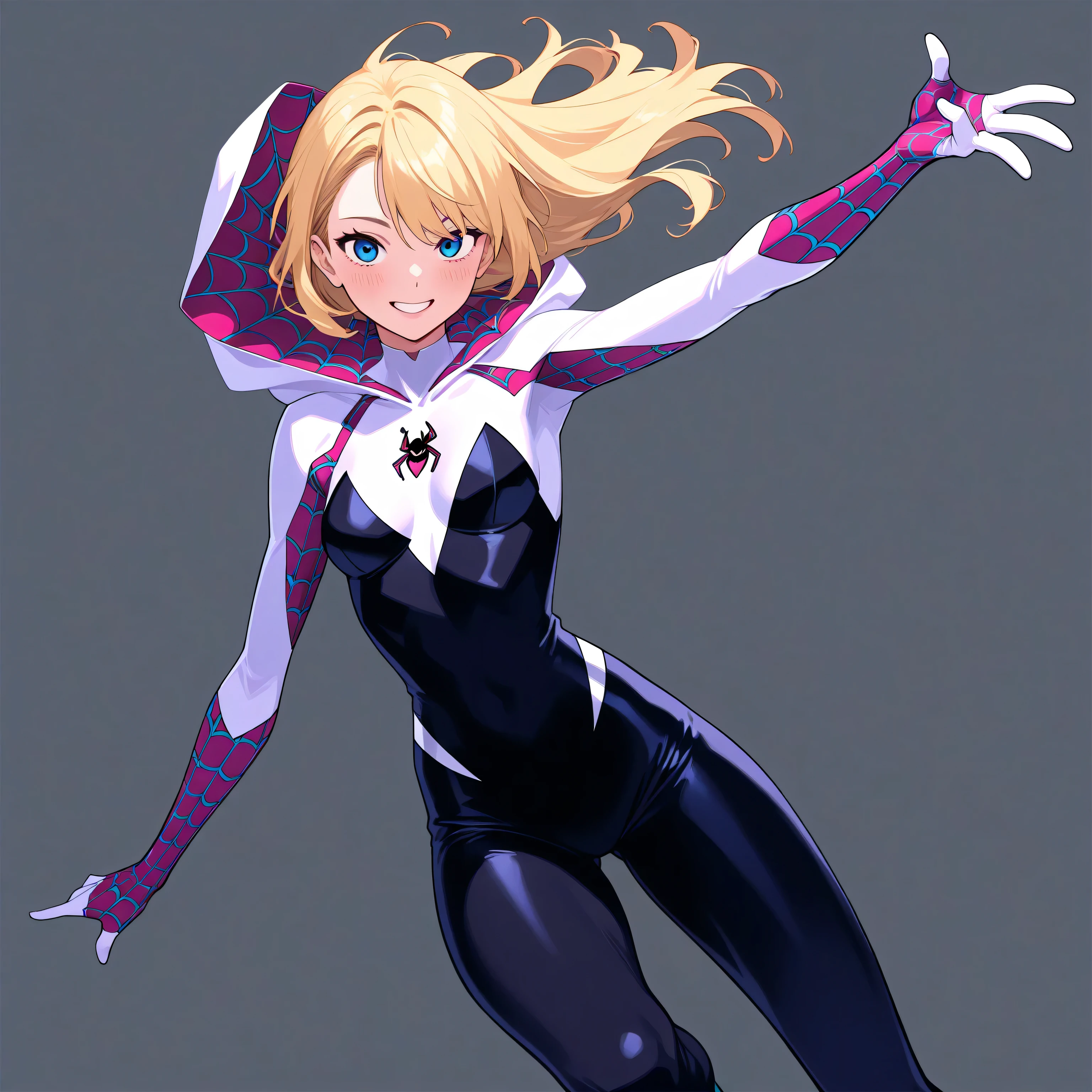 score_9, score_8_up, score_7_up , perfect anatomy、 high quality、 best image quality , spidergwen, 1girl, solo, blonde hair, blue eyes, bodysuit, hooded bodysuit, superhero,