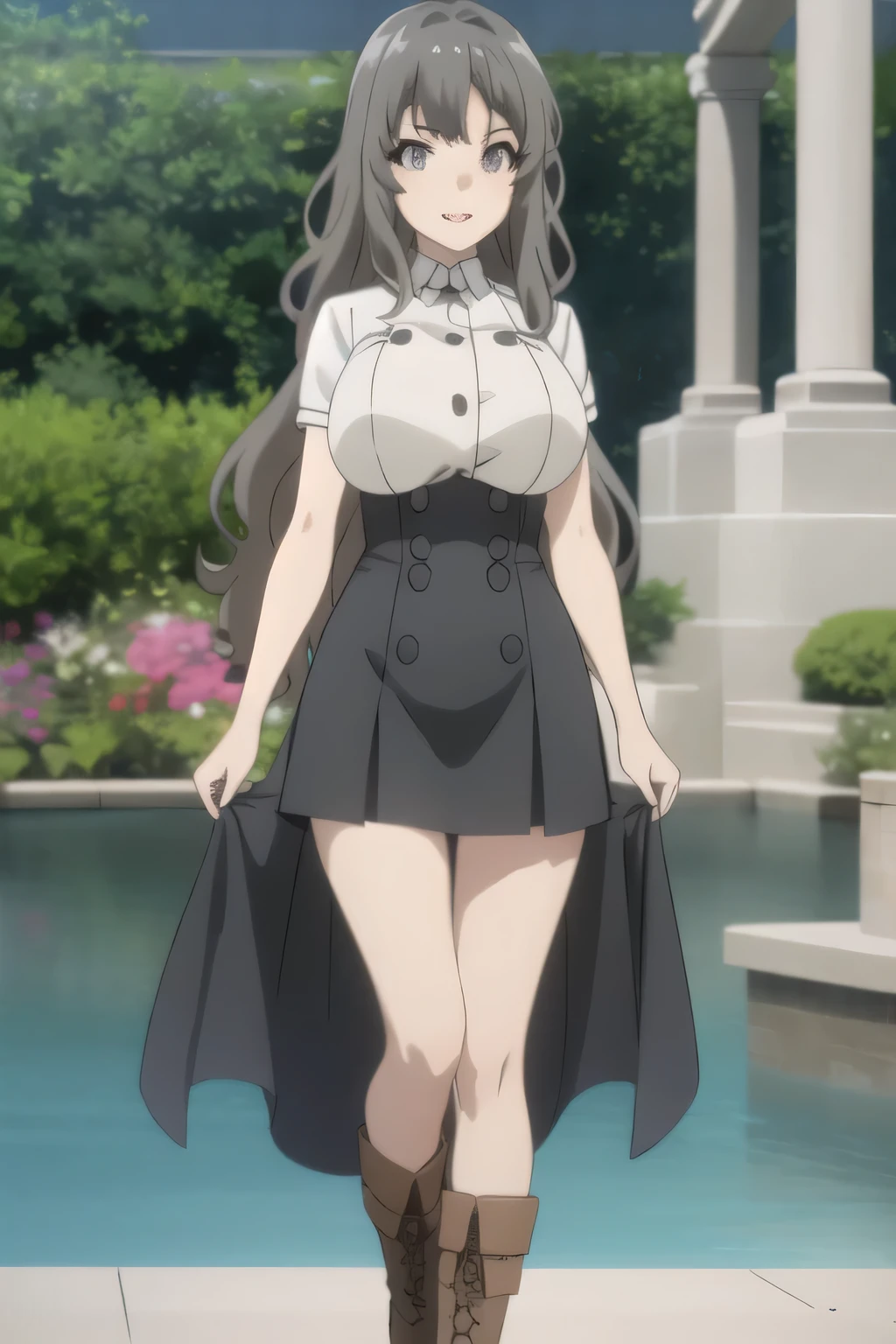 can you draw eyes and nose more clearly and delicately,ミニskirt,can you draw expressions more clearly and delicately with vivid colors,can a 30-year-old adult draw a sharp face,slender even with big breasts,a beautiful tall woman with beautiful legs,They look at me and smile,Can you focus,smiling Yang,Big breasted college student,skirt,boots,face trimming teeth prohibited, Clearly ,teeth。,Alone,a face that can be drawn clearly while standing in a fountain square,Official anime CG,A woman with long waves even if she teeth slender and has big breasts,Beautiful legs,amazing thighs ,anatomically accurate hand and foot details,a face that can be drawn clearly while standing in a fountain square,drawing larger breasts,下から黒いパンティが Clearly ,