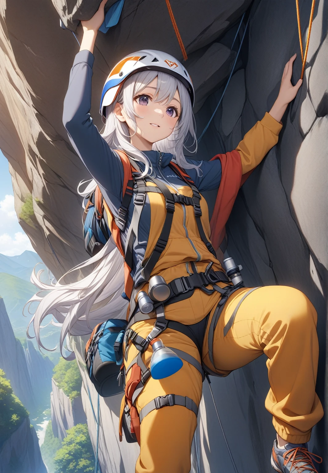 (absurdres, 8k, 4k, masterpiece, hyper extreme detailed:1.2), solo, 1girl, side view, perfect face, 1girl, portrait, looking at viewer, solo, standing, Female, toned body, mature female, , pale, auburn hair, messy hair, enthusiastic, fun, tomboy, green eyes, swept bangs, streetwear, smirk, medium body, tomboy, crazy face, crazy smile, crazy eyes, wind, windy hair, moving hair, bandages, gauze, reckless, short hair, adventurous, loose clothes, baggy clothes, confident, gloves, goggles, fearless, expressive, rock climbing, ropes, rocks, cliff, tethers, helmet, knee pads, gloves, climbing, athletic, rugged, dirty,