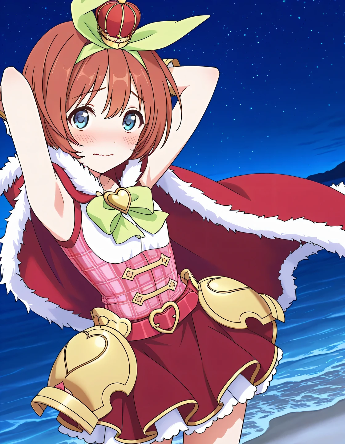 pcrkrmi, short hair, brown hair, hairband, hair ribbon, blue eyes, pkrmmas, green ribbon, crown, fur-trimmed cape, red cape, green bowtie, heart brooch, white shirt, plaid shirt, red shirt, red belt, hip armor, white gloves, dark red skirt, white skirt, layered skirt, frilled skirt, anime screencap, high quality, solo, night sky, beach, armpits, (hands behind head), ((contrapposto)), closed mouth, cowboy shot, looking at viewer, wavy mouth, shy, best quality
