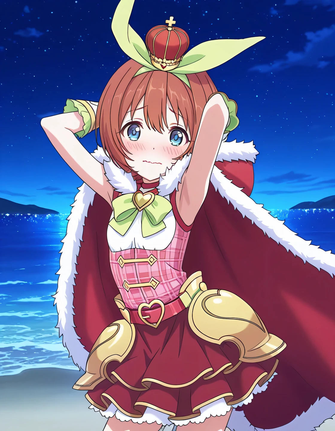 pcrkrmi, short hair, brown hair, hairband, hair ribbon, blue eyes, pkrmmas, green ribbon, crown, fur-trimmed cape, red cape, green bowtie, heart brooch, white shirt, plaid shirt, red shirt, red belt, hip armor, white gloves, dark red skirt, white skirt, layered skirt, frilled skirt, anime screencap, high quality, solo, night sky, beach, armpits, (hands behind head), ((contrapposto)), closed mouth, cowboy shot, looking at viewer, wavy mouth, shy, best quality
