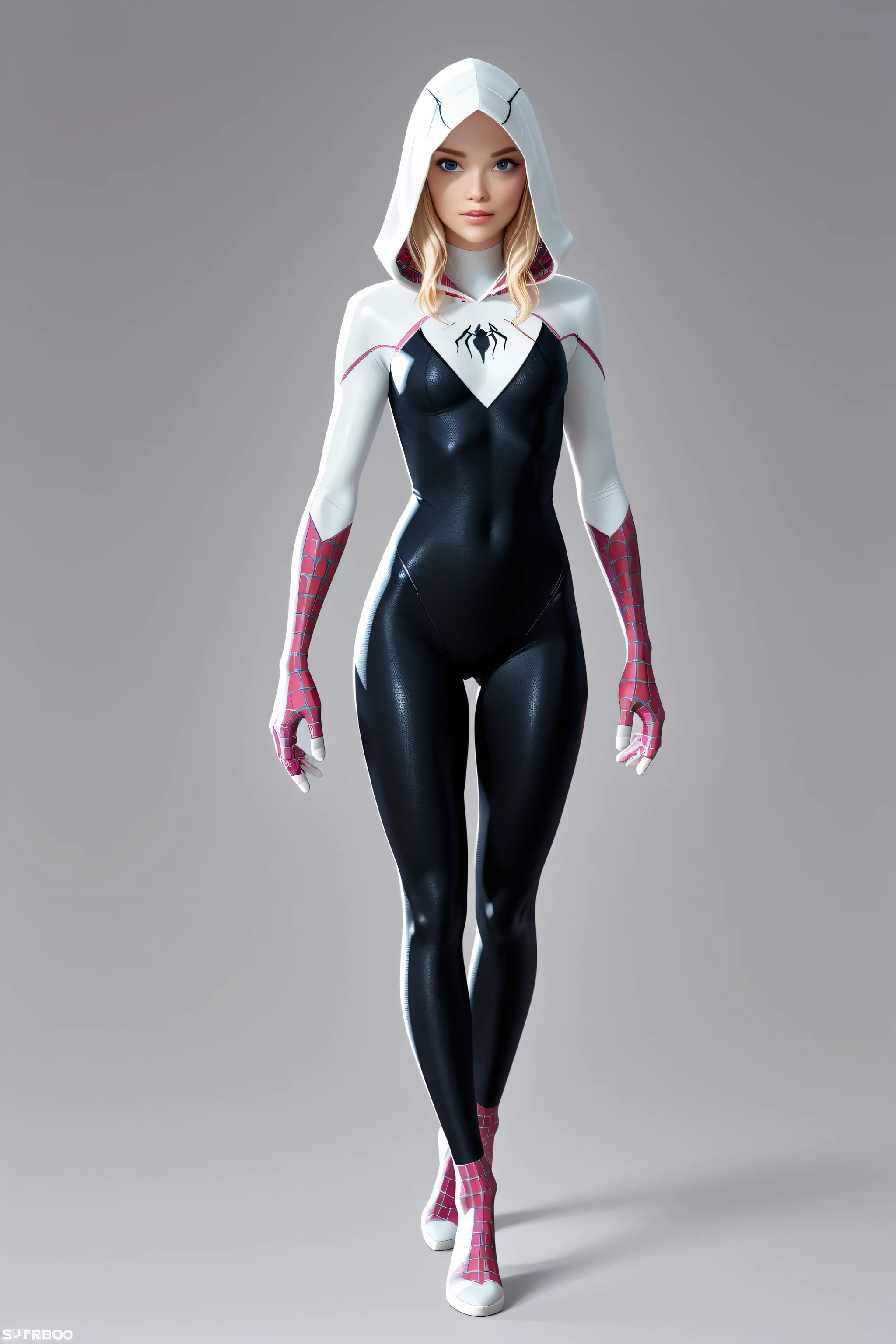 score_9, score_8_up, score_7_up , perfect anatomy、 high quality、 best image quality , spidergwen, 1girl, solo, blonde hair, blue eyes, bodysuit, hooded bodysuit, superheroo