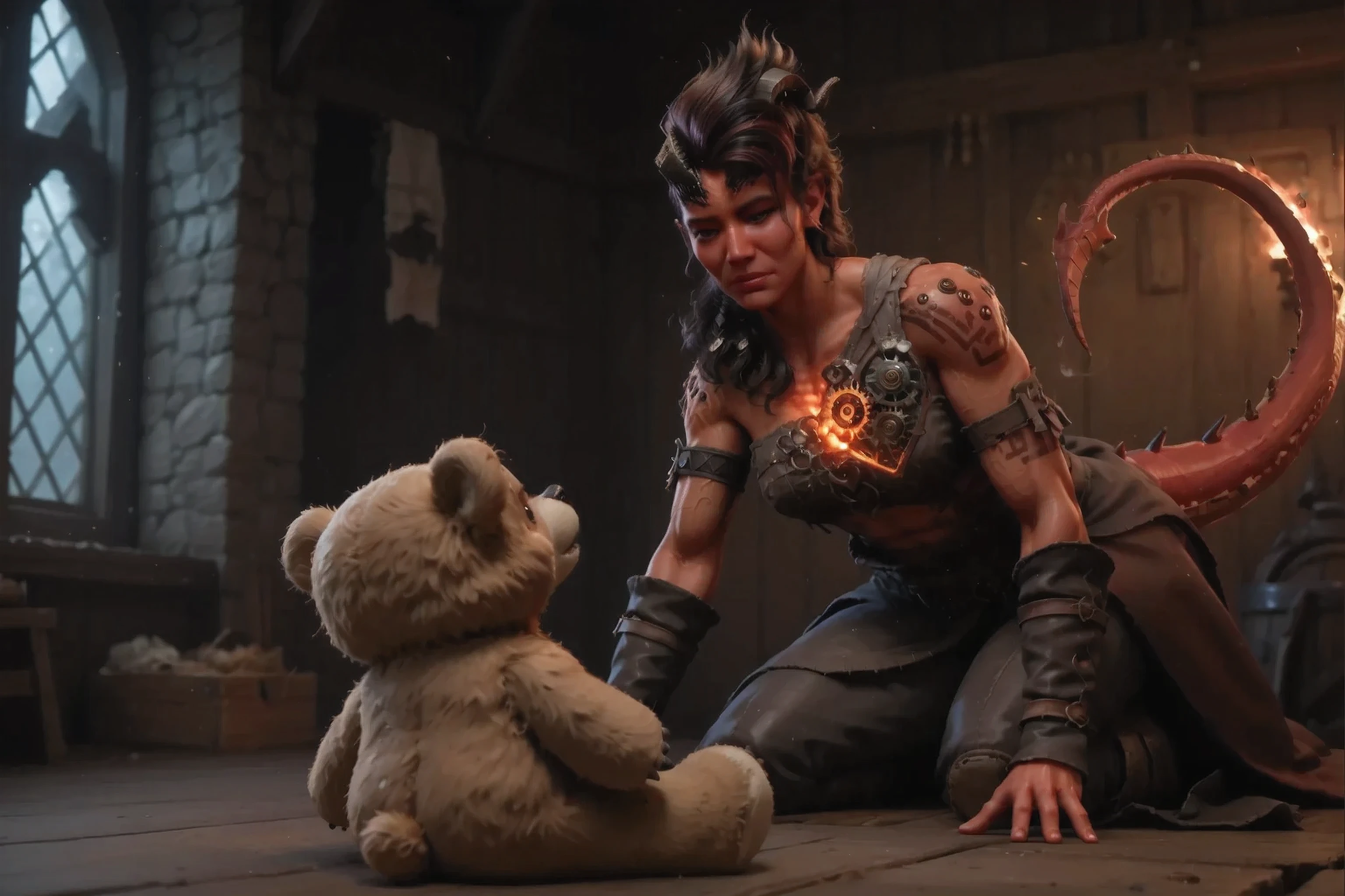 best quality, ultra-detailed, Highest resolution 8K,  Cinematic emotional static frame, 8K UHD, extremely detailed, physical visualization, masterpiece, HDR, (sfw:1.4), BGKarlach, 1girl, demon horns, black hair, red skin,Karlach, 
Karlach is kneeling with a mechanical heart, , you can see dark iron mechanical gears inside the heart in the chest. The gears are hot and burning inconspicuously . Looks at a stuffed animal looks at a toy old, slightly torn, stained bear in the foreground.