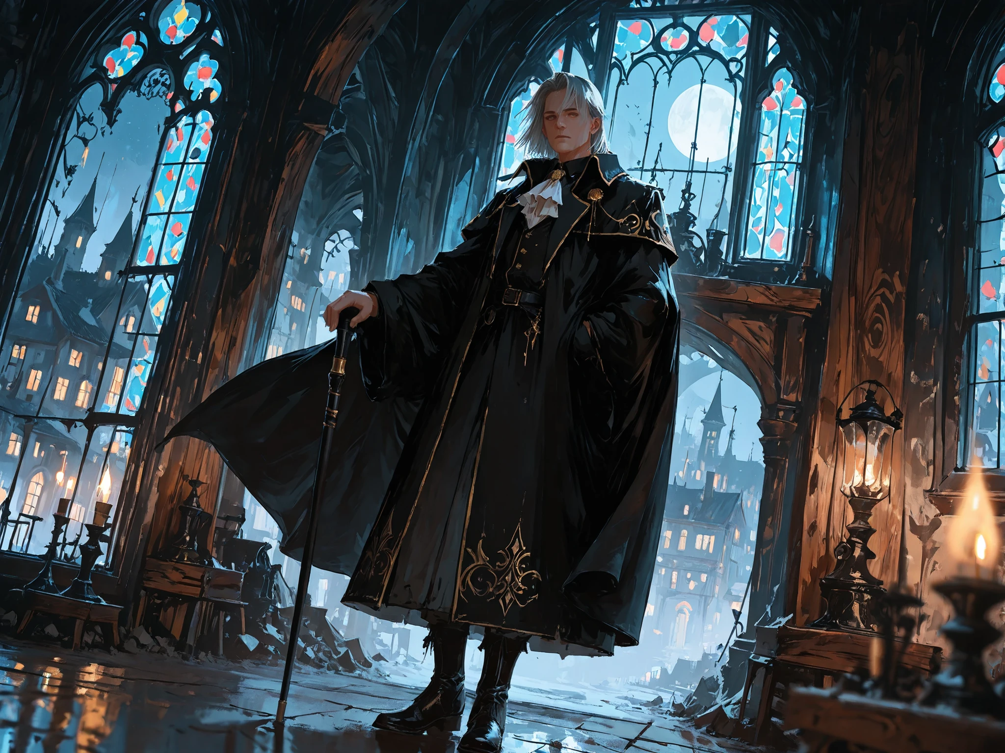 upper shot, dutch angle, looking at viewers, makes an aesthetic, Master piece, Best Quality, ultra detailed, (a handsome man:1.6), solo, male short silver hair, dark-gold eyes, (young duke:1.4), fantasy-style black aristocrat long costume, white ascot, fantasy-style black military long cloak, aristocrat black leather boots, with a cane on the ground, stained glass windows, medieval gothic chamber, carved wooden furniture in background, town light, night, moon, foreground blur, misty background, blurred city