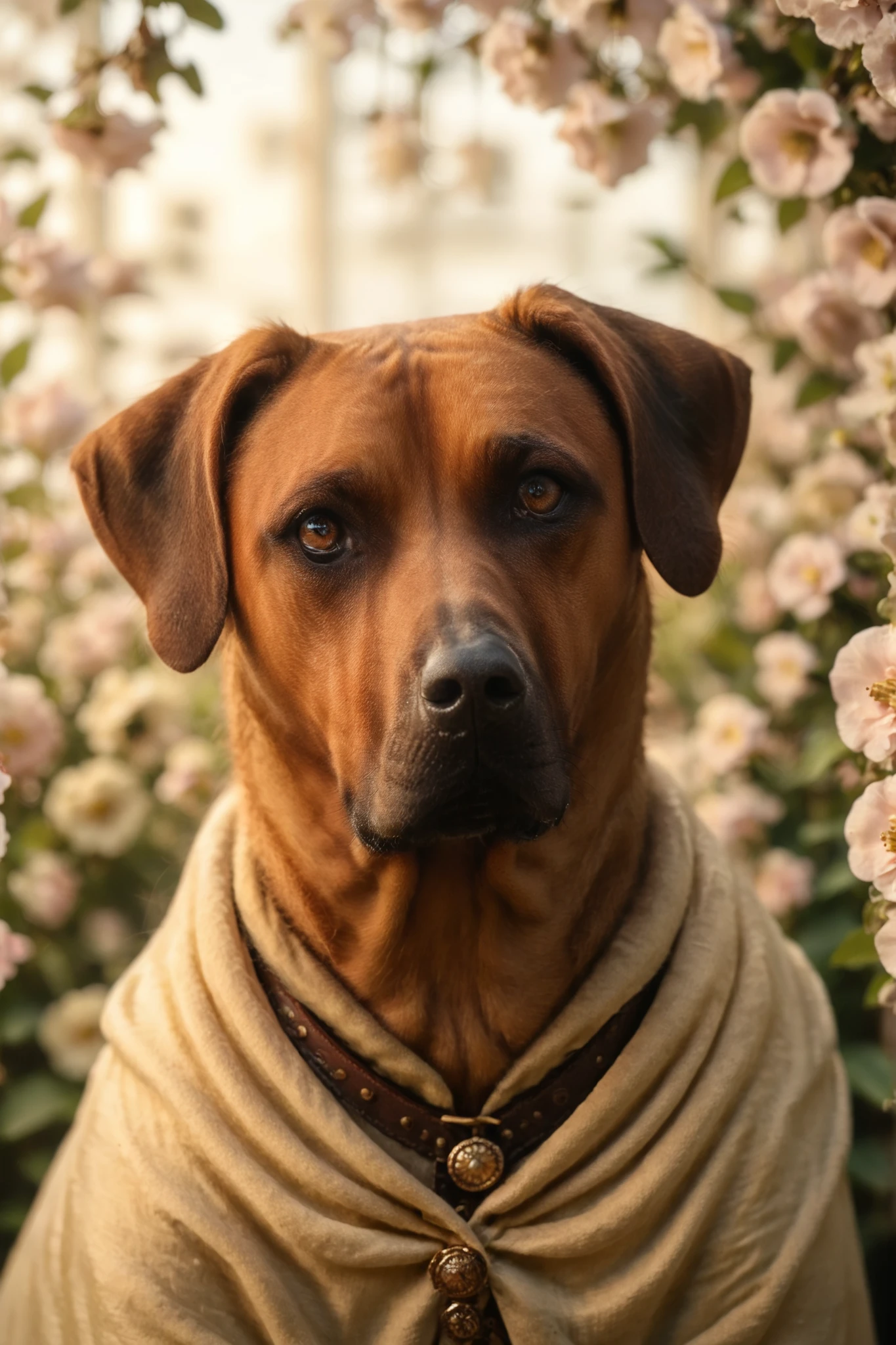 
detailxl, highres, masterpiece, creative, amazing lighting, magical, fantasy, depth of field, rule of thirds, off-center. dynamic high angle, top quality, very aesthetic, vivid, bloom, portrait. a (rhodesian ridgeback dog) on a yellow blanket. Set against an Victorian backdrop that is covered in flowers. canine paws, red brown fur, 