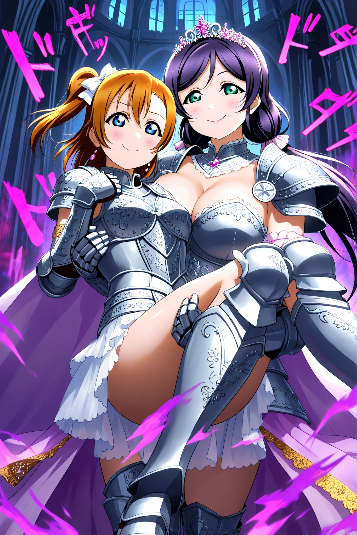 ,Love live, love live official artwork,shiny skin, sheer fabrics, toujo nozomi, kousaka honoka,big breasts, elegant armored warrior, ornate armor, embossed chestplate, decorated pauldrons, armored gauntlets, greaves, waist-length cape, royal diadem, warrior princess, cowboy shot, confident expression, calm smile, half-lidded eyes, stern elegance, regal aura, dramatic lighting, castle courtyard, menacing night, glance, evil,dark aura, carrying queen girl ,princess carry, convenient censoring, convenient legs